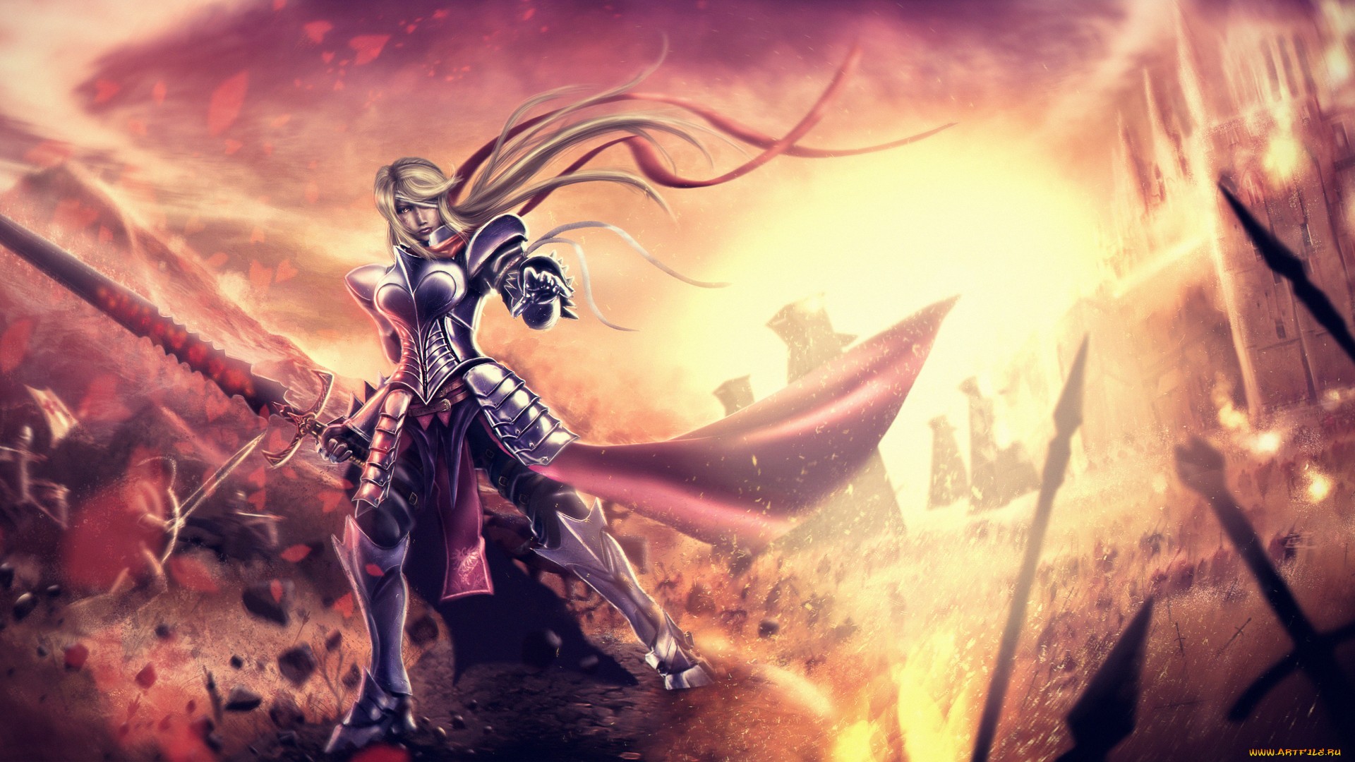 Free download wallpaper Fantasy, Fire, Knight, Battle, Armor, Sword, Women Warrior on your PC desktop