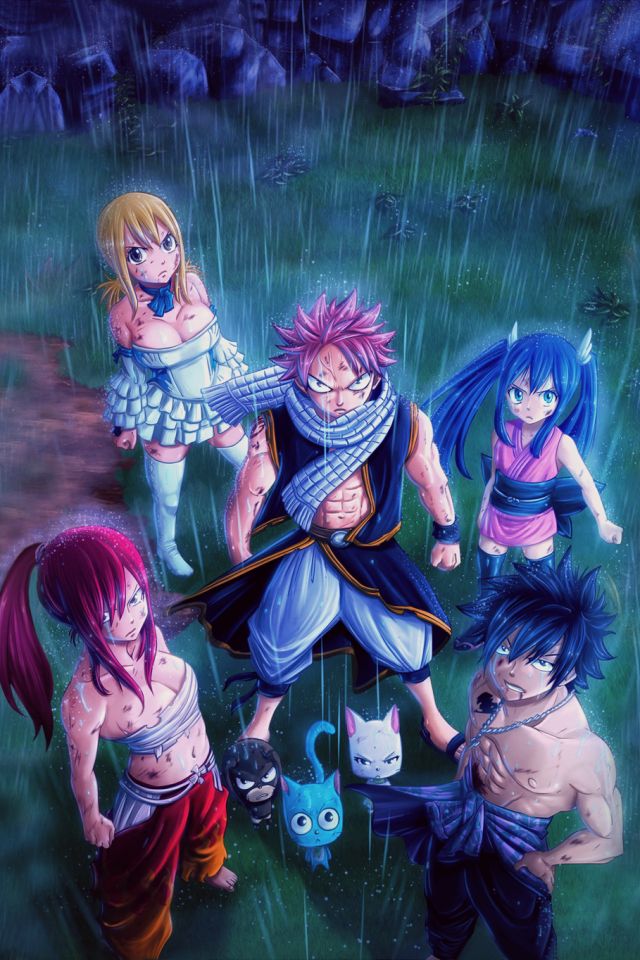 Download mobile wallpaper Anime, Rain, Fairy Tail, Lucy Heartfilia, Natsu Dragneel, Erza Scarlet, Gray Fullbuster, Wendy Marvell for free.