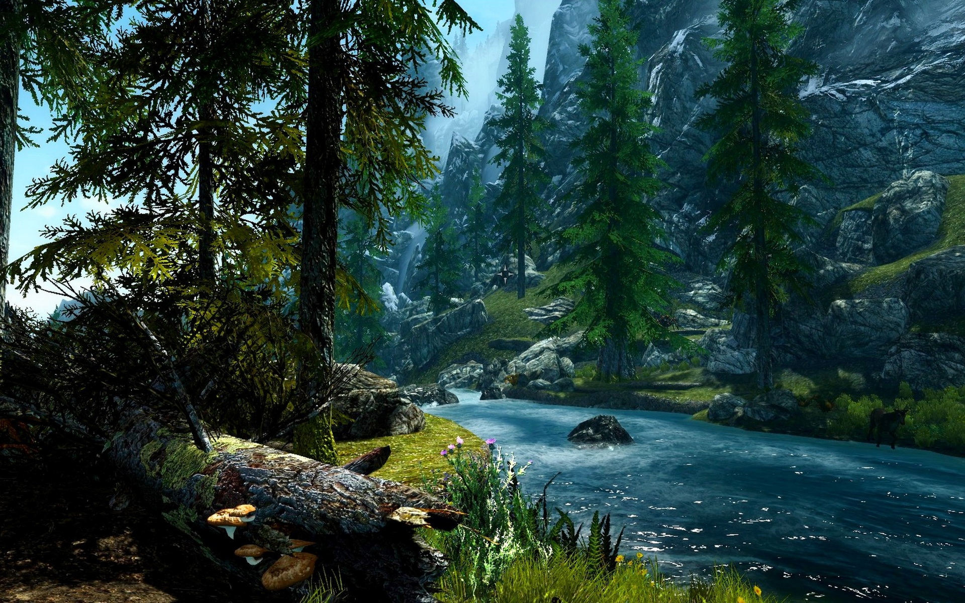 Laden Sie das Berg, Wald, Baum, Fluss, Computerspiele, The Elder Scrolls V: Skyrim-Bild kostenlos auf Ihren PC-Desktop herunter