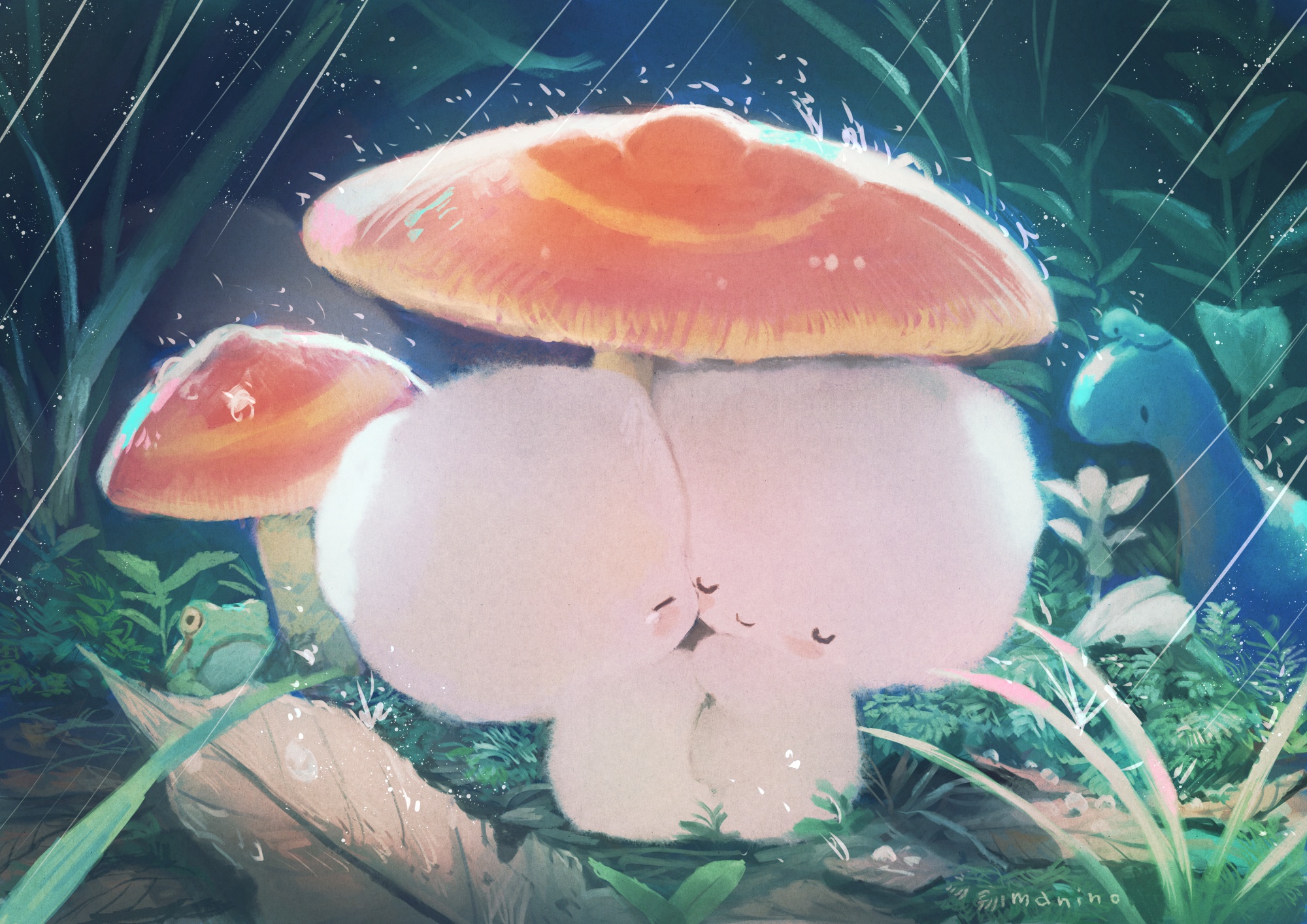 Download mobile wallpaper Fantasy, Rain, Love, Mushroom, Creature, Cute, Frog for free.