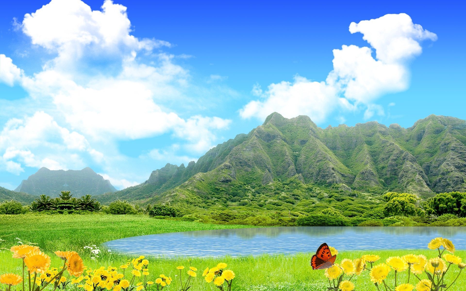 Download mobile wallpaper Nature, Sky, Mountains, Flowers, Lake, Summer, Butterfly for free.
