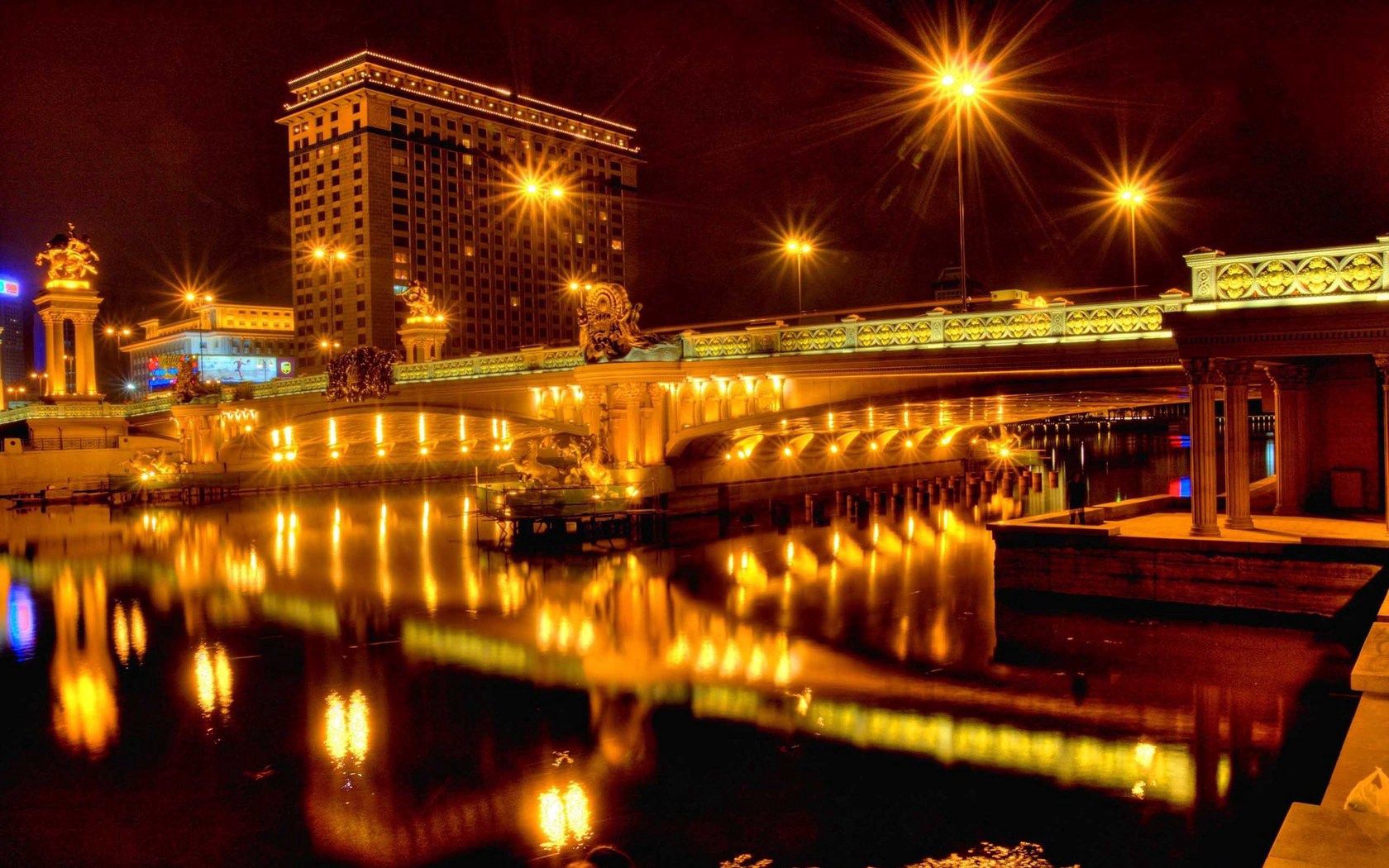 Download mobile wallpaper Reflection, Bridge, City, Cities, Rivers, Lights, Night for free.