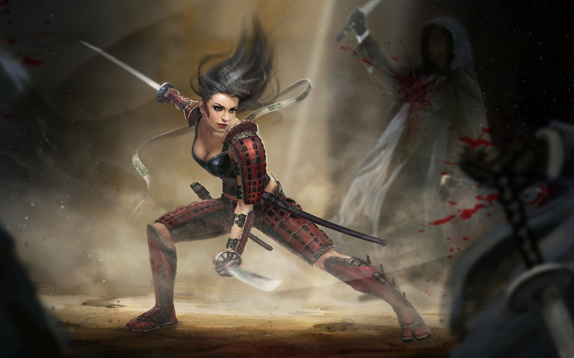 Free download wallpaper Fantasy, Blood, Fight, Samurai, Armor, Sword, Woman Warrior on your PC desktop