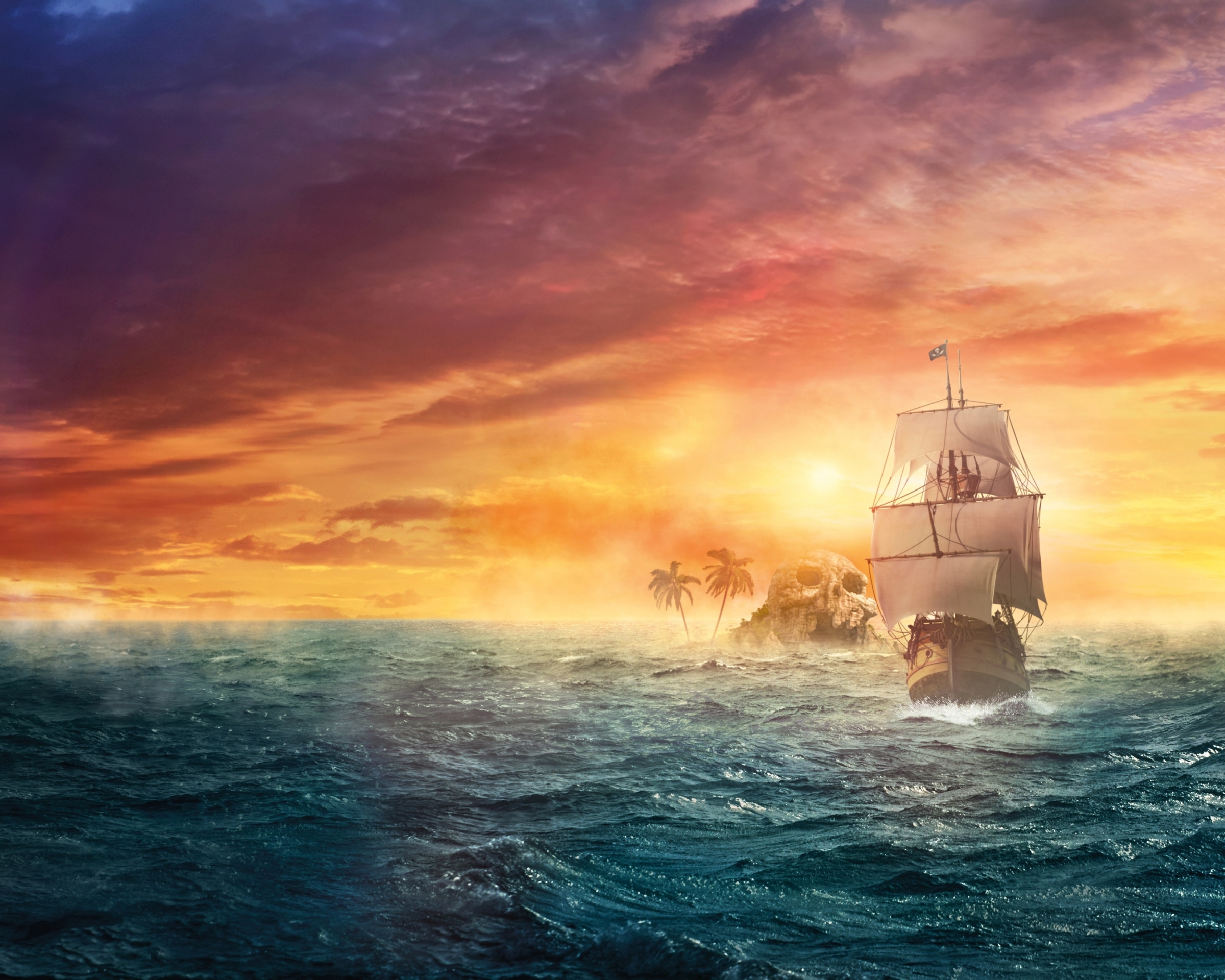 Free download wallpaper Fantasy, Sunset, Ship, Skull, Pirate Ship on your PC desktop