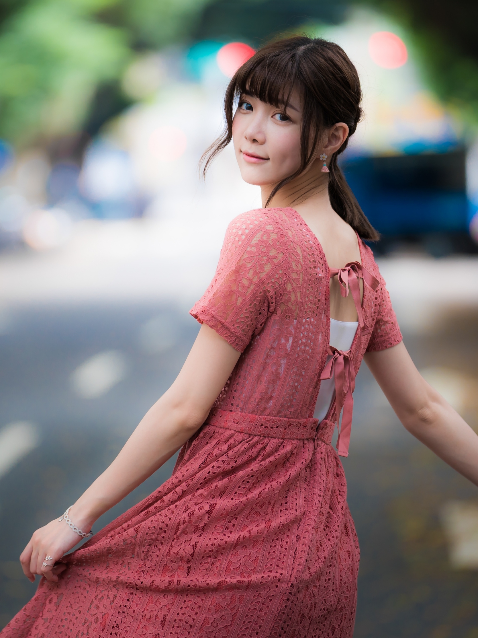 Download mobile wallpaper Smile, Dress, Brunette, Model, Women, Asian, Depth Of Field for free.