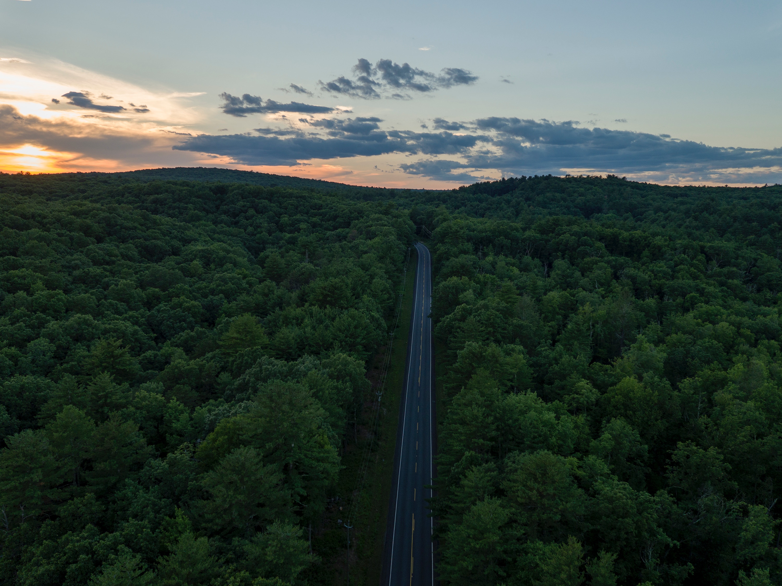 road, view from above, nature, woods, sunset, horizon, scaffolding