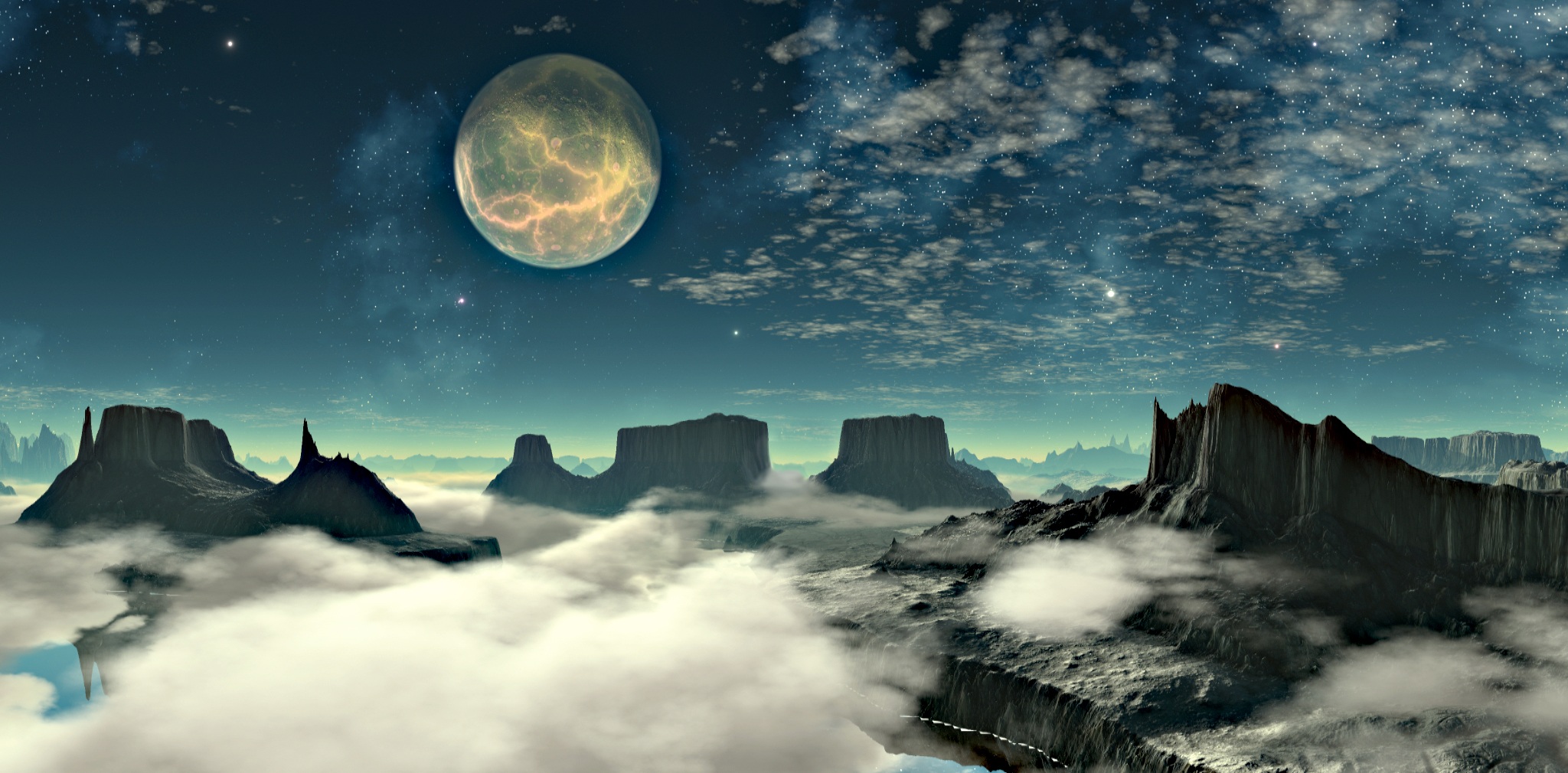 Скачать картинку Пейзаж, Облака, Луна, Туман, Научная Фантастика в телефон бесплатно.