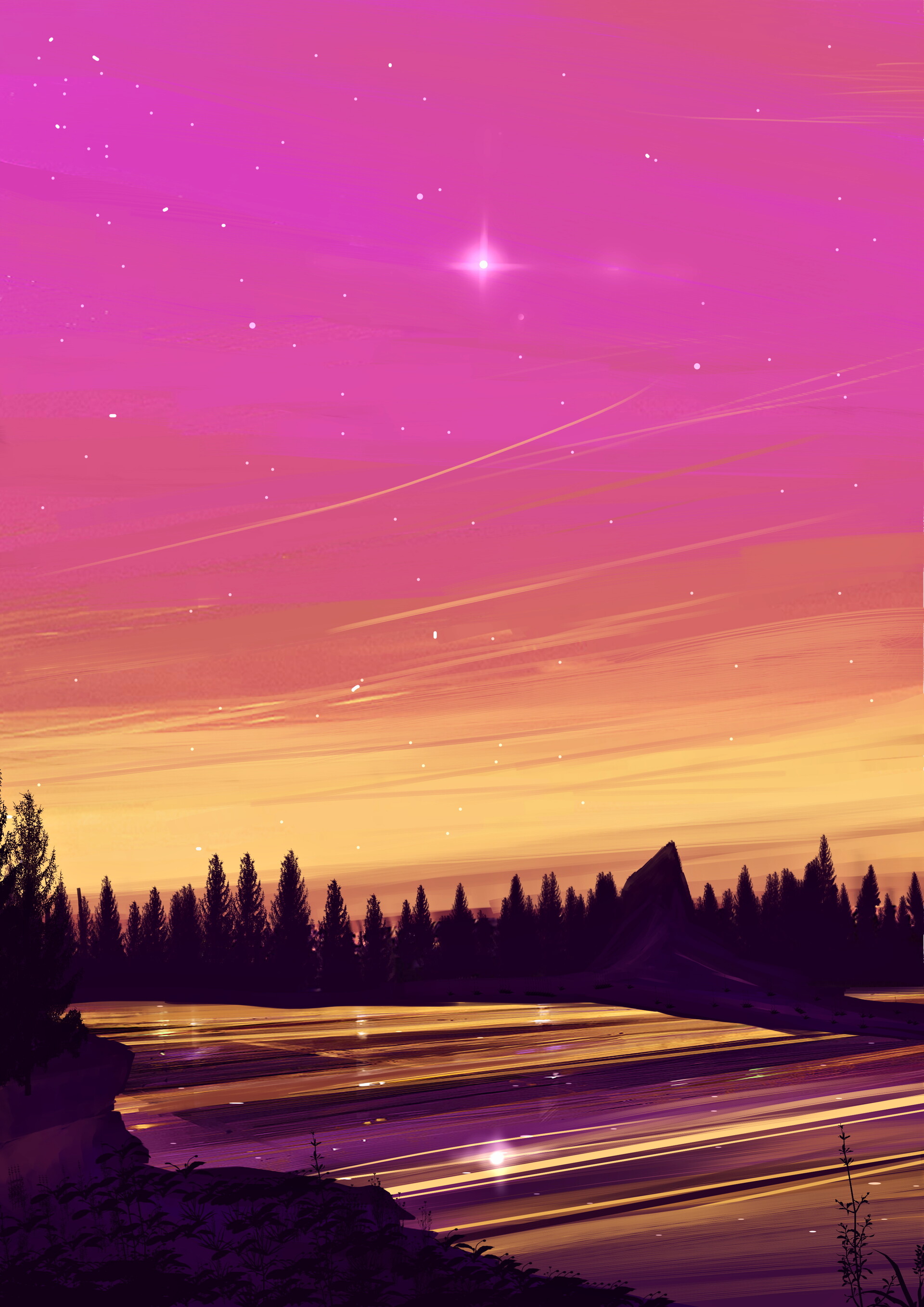 Download mobile wallpaper Lake, Landscape, Starry Sky, Night, Art for free.
