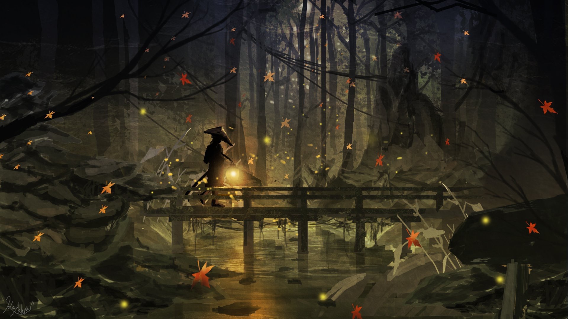 Free download wallpaper Anime, Night, Forest, Tree, Leaf, Bridge, Lantern, Original on your PC desktop