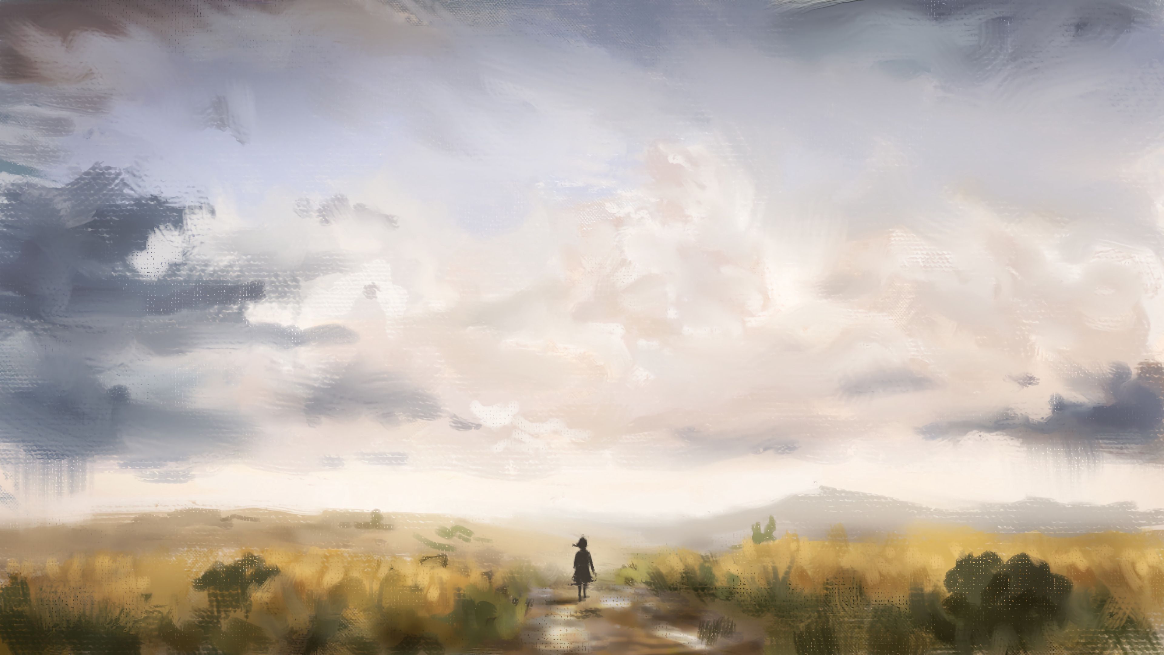 Download PC Wallpaper alone, paint, art, silhouette, road, girl, loneliness, lonely, canvas