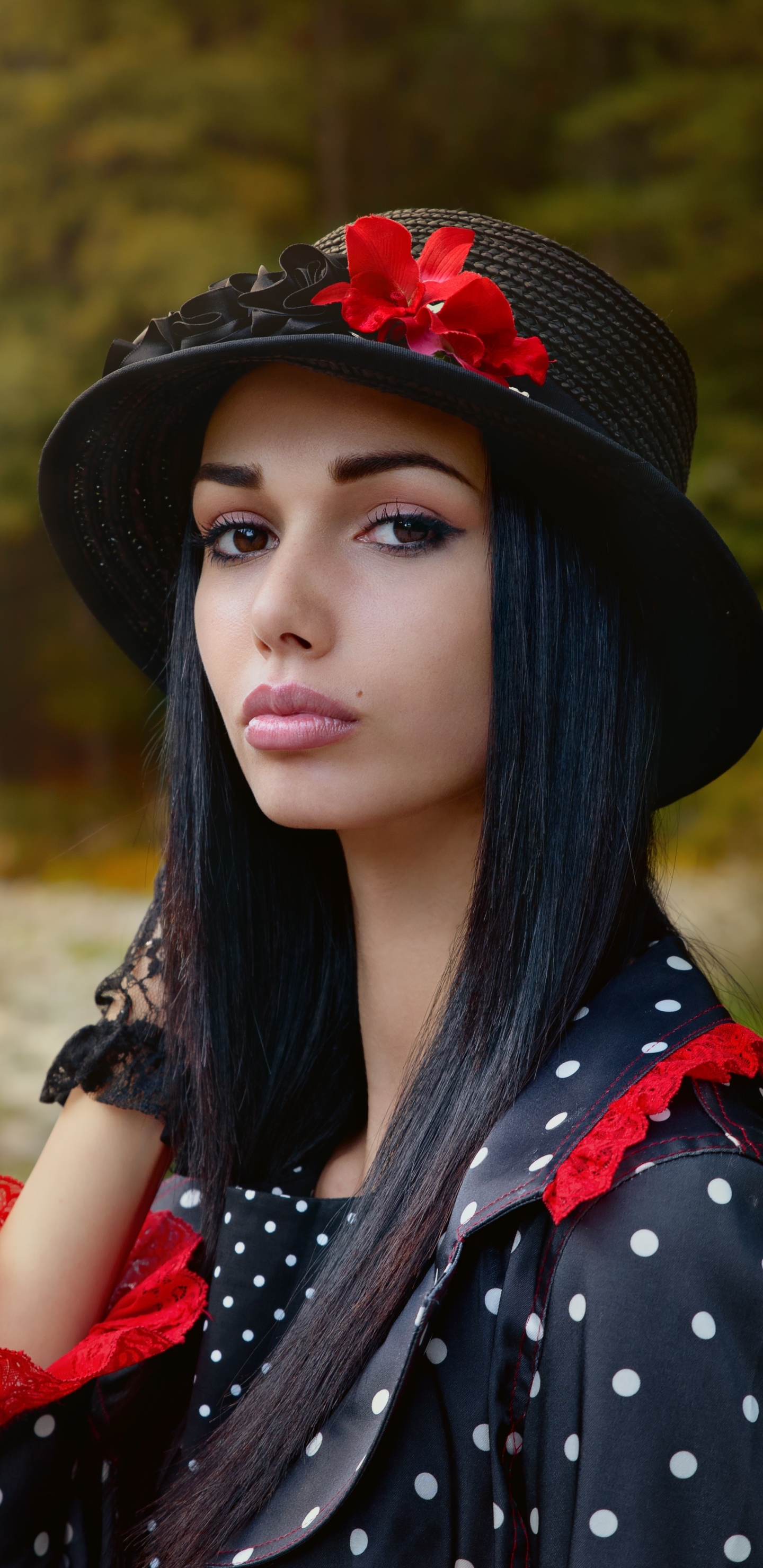 Download mobile wallpaper Hat, Model, Women, Brown Eyes, Black Hair for free.