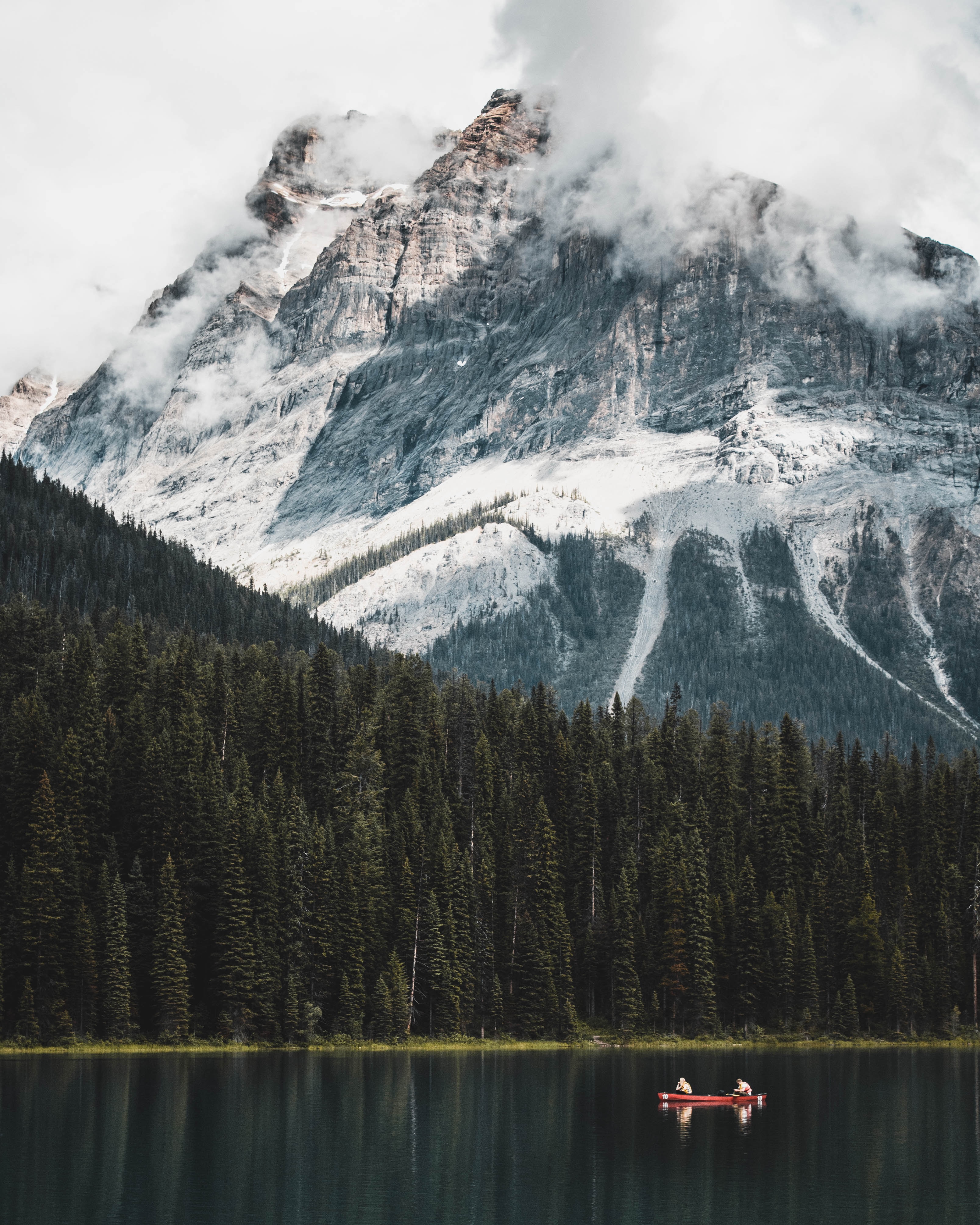 Download mobile wallpaper Lake, Mountains, Forest, Landscape, Nature, Boat for free.