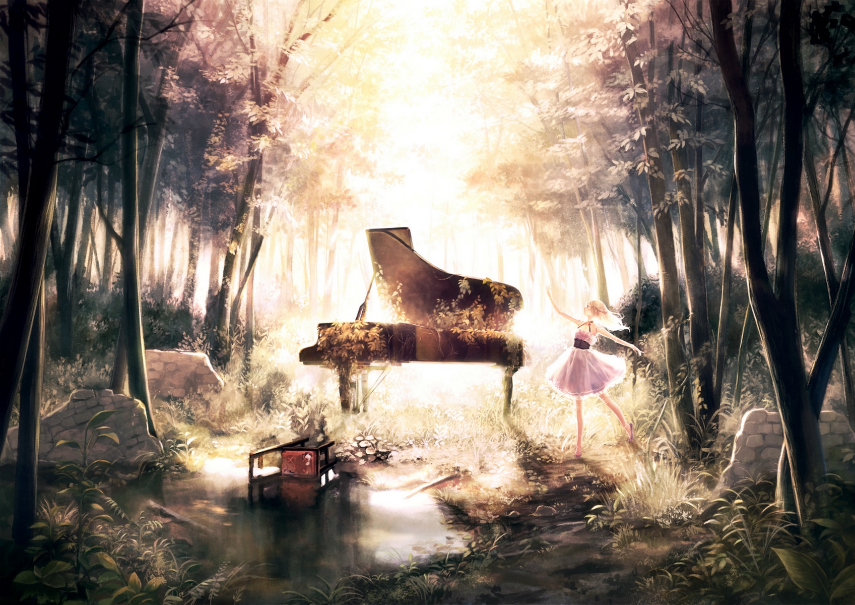 Laden Sie das Klavier, Wald, Baum, Kleid, Original, Animes-Bild kostenlos auf Ihren PC-Desktop herunter