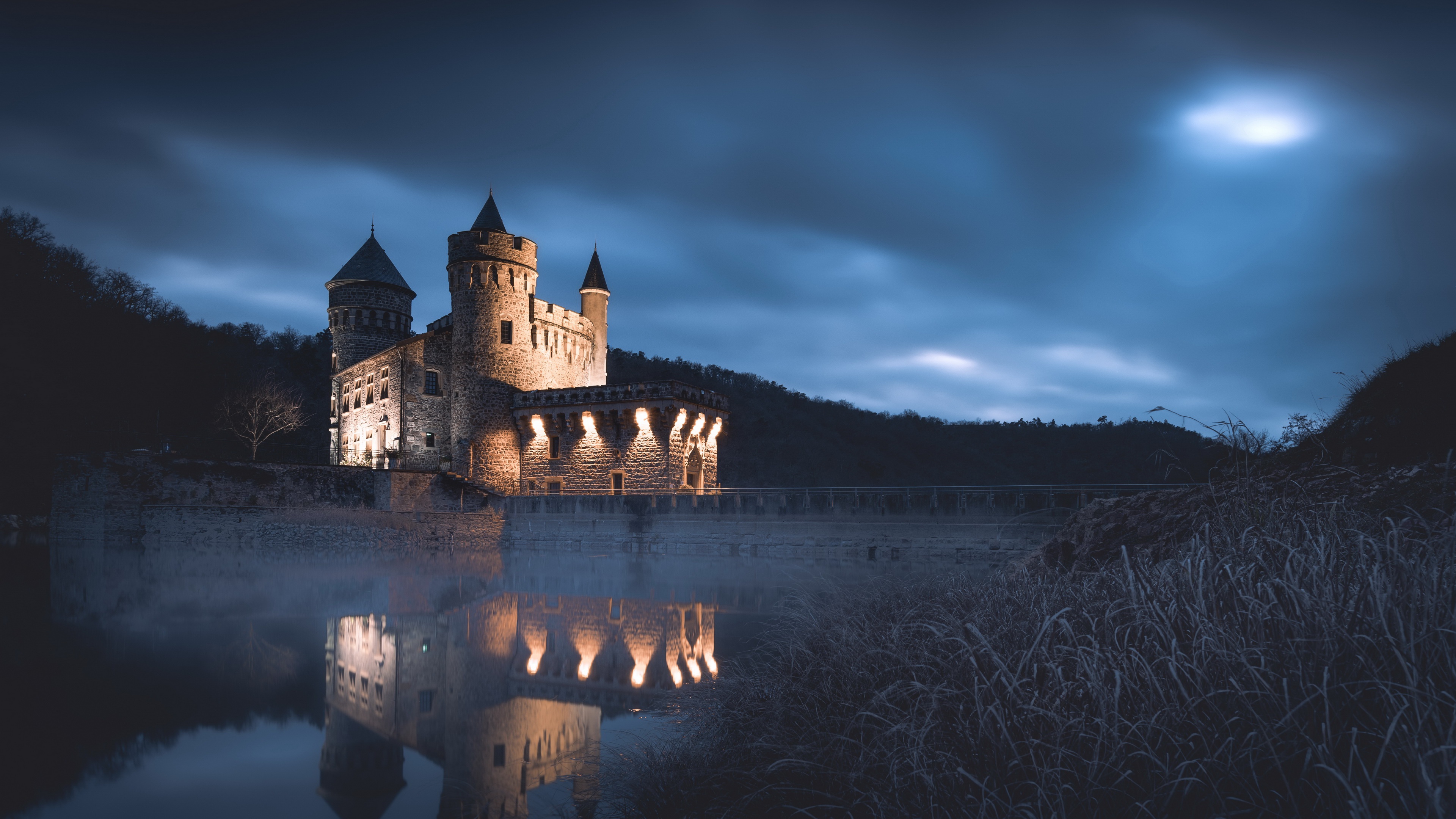Download mobile wallpaper Night, Castles, Reflection, Man Made, Castle for free.
