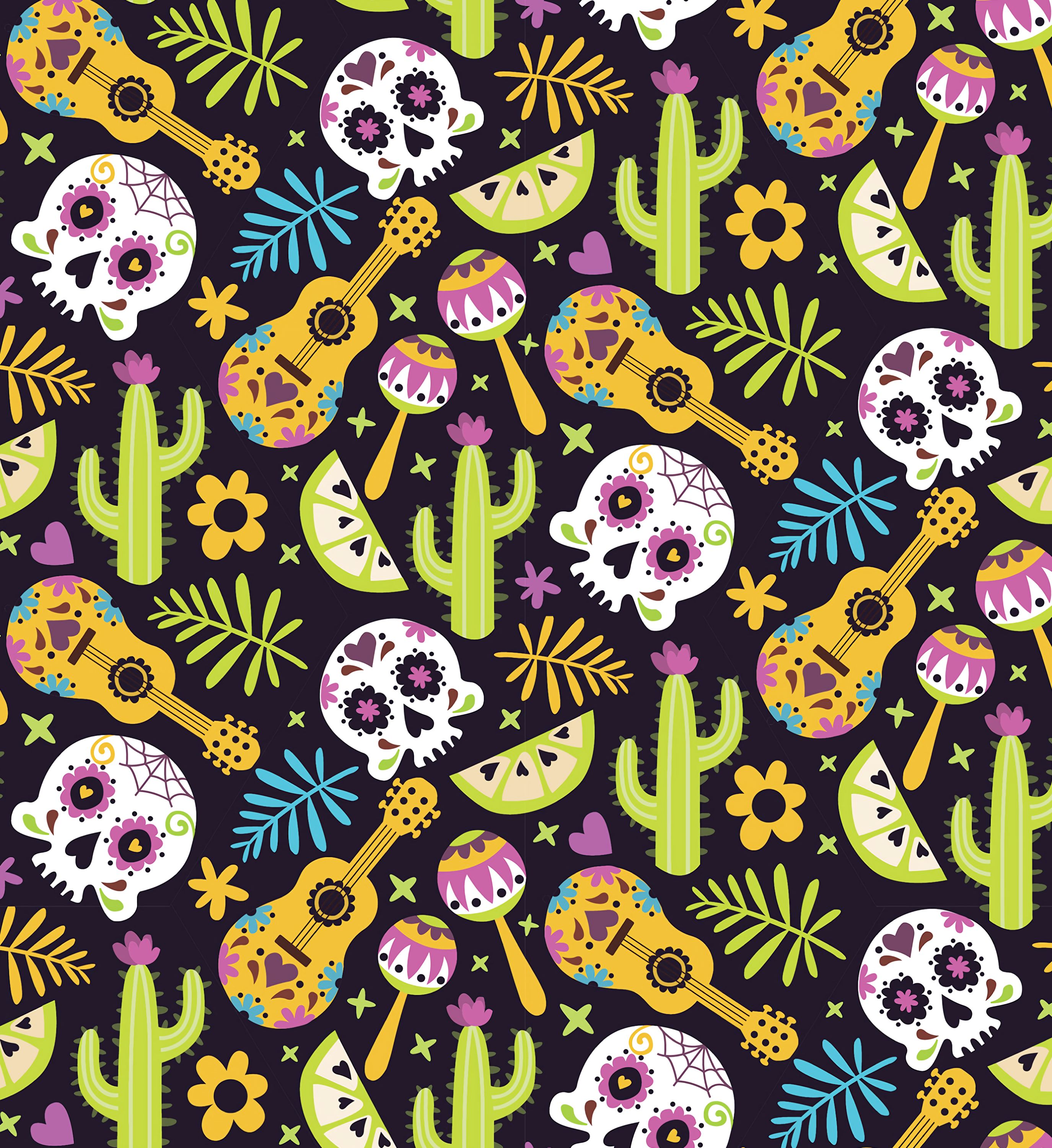 151612 скачать обои мексика, черепа, кактусы, узоры, паттерн, текстуры, гитары, текстура - заставки и картинки бесплатно