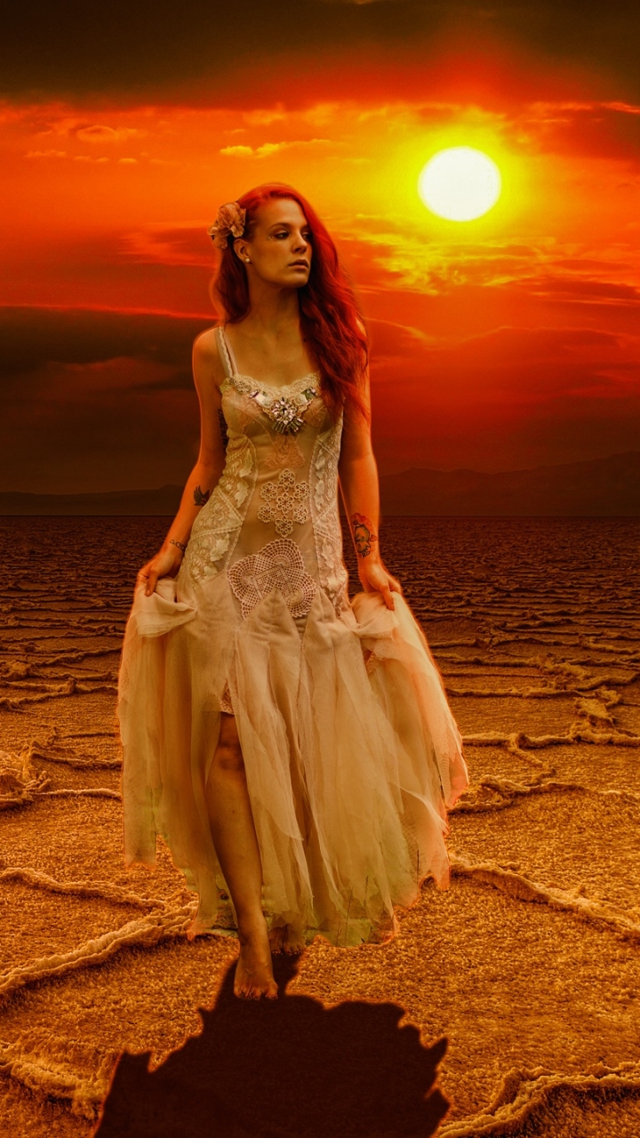 Download mobile wallpaper Fantasy, Sunset, Desert, Women, Orange (Color) for free.