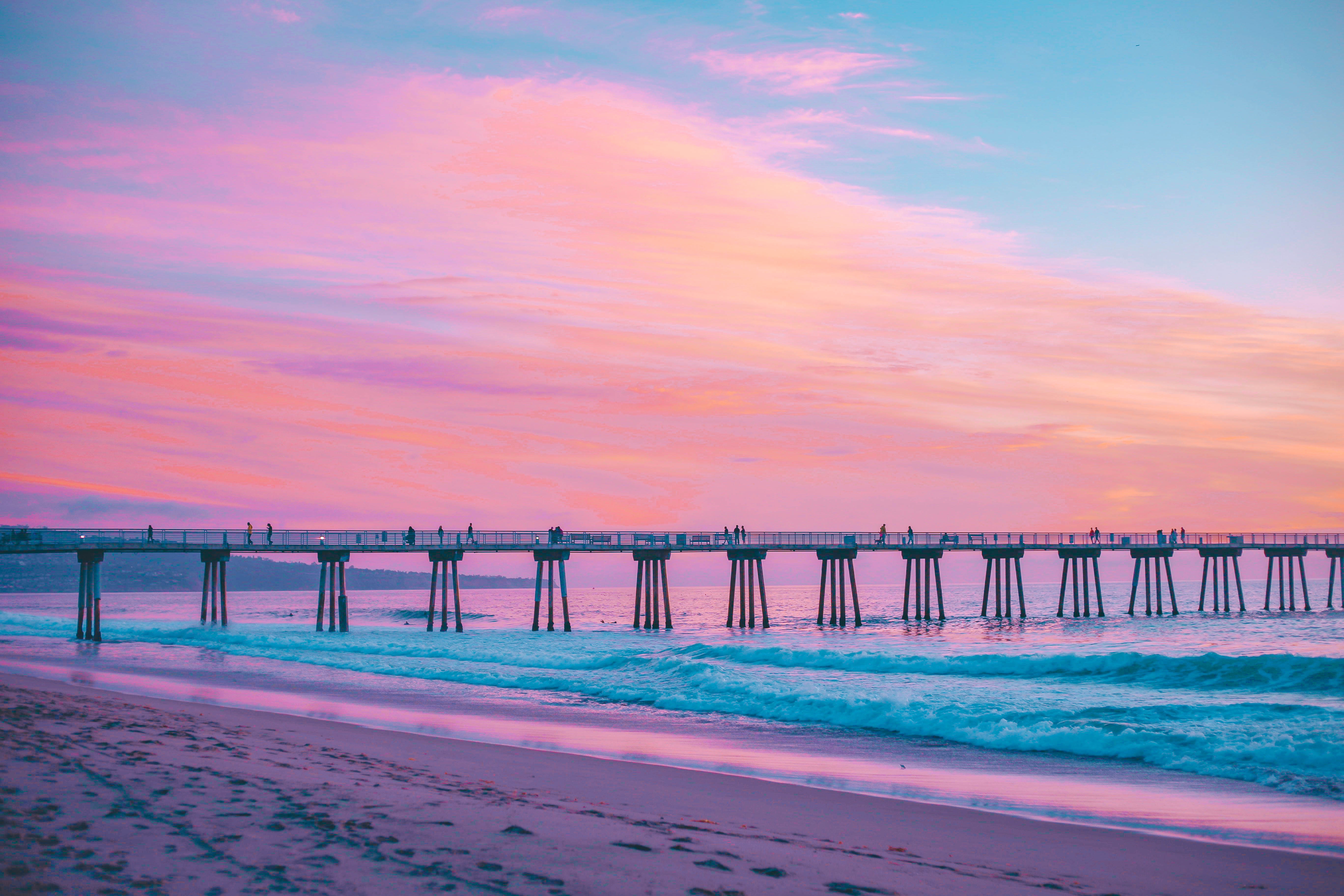 california, pink, pier, nature, sea, surf, hermosa beach, hermosa scourge