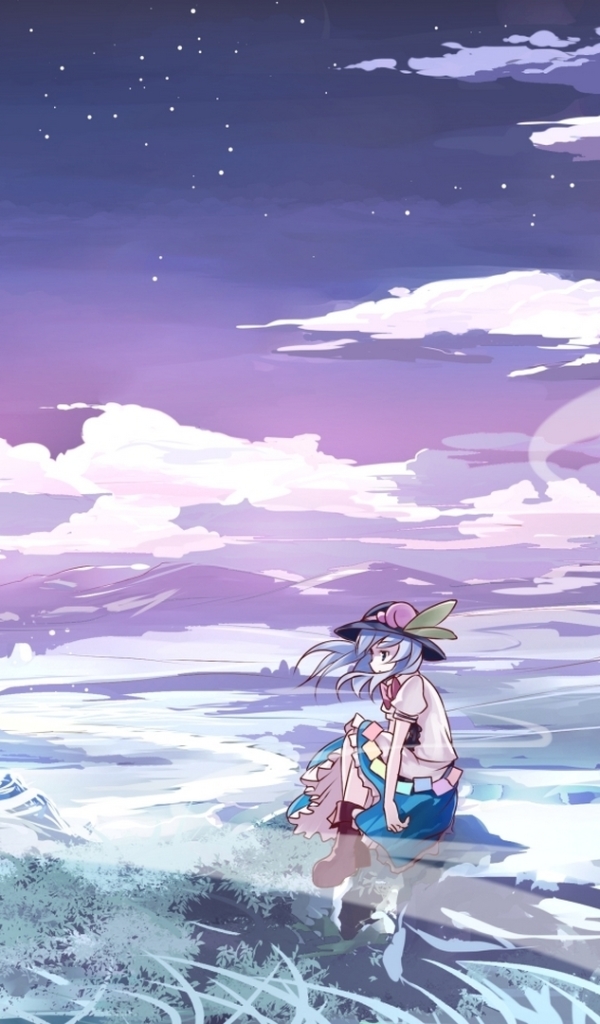 Descarga gratuita de fondo de pantalla para móvil de Luna, Nube, Sombrero, Animado, Pelo Azul, Videojuego, Touhou, Tenshi Hinanaui, Vestido Blanco.