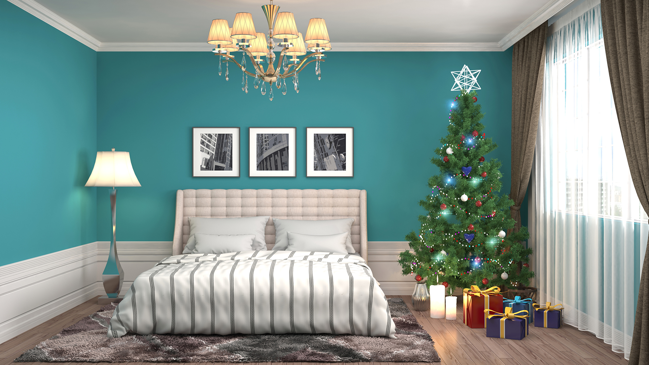 Handy-Wallpaper Feiertage, Dekoration, Weihnachten, Geschenk, Weihnachtsbaum, Schlafzimmer, Möbilar kostenlos herunterladen.
