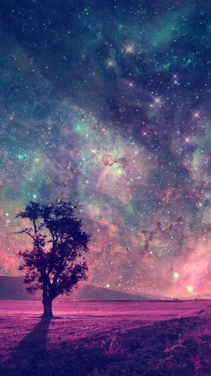 Download mobile wallpaper Landscape, Trees, Stars, Night, Tree, Earth, Nebula, Purple, Lonely Tree for free.