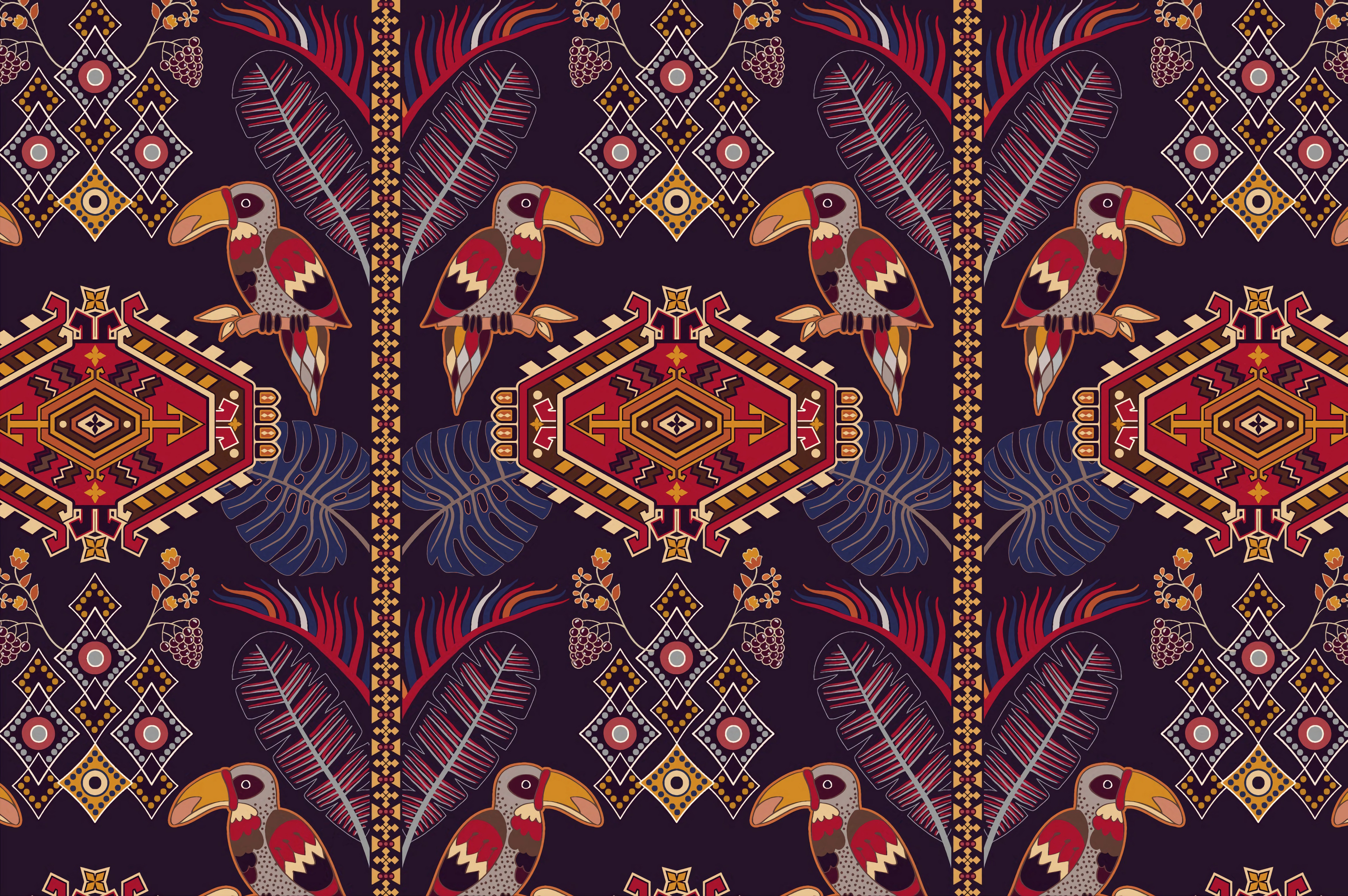 textures, pattern, motley, texture, ornament, toucans, multicolored, motive 8K