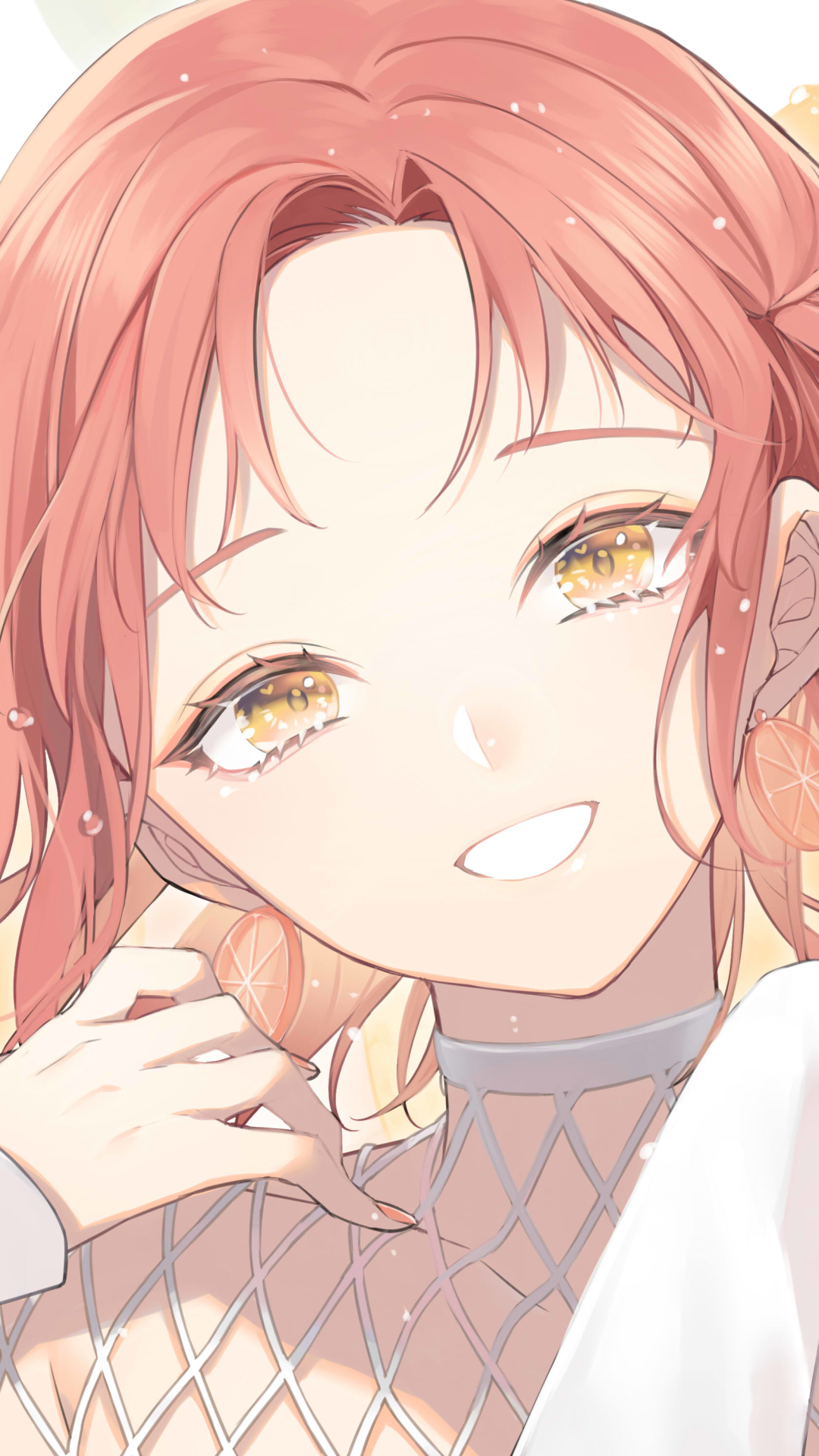 Download mobile wallpaper Anime, Girl, Yellow Eyes, Earrings, Short Hair, Red Hair, Orange (Fruit) for free.