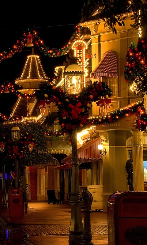Handy-Wallpaper Feiertage, Weihnachten, Disneyland, Weihnachtsschmuck, Schloss, Weihnachtsbeleuchtung, Disney kostenlos herunterladen.