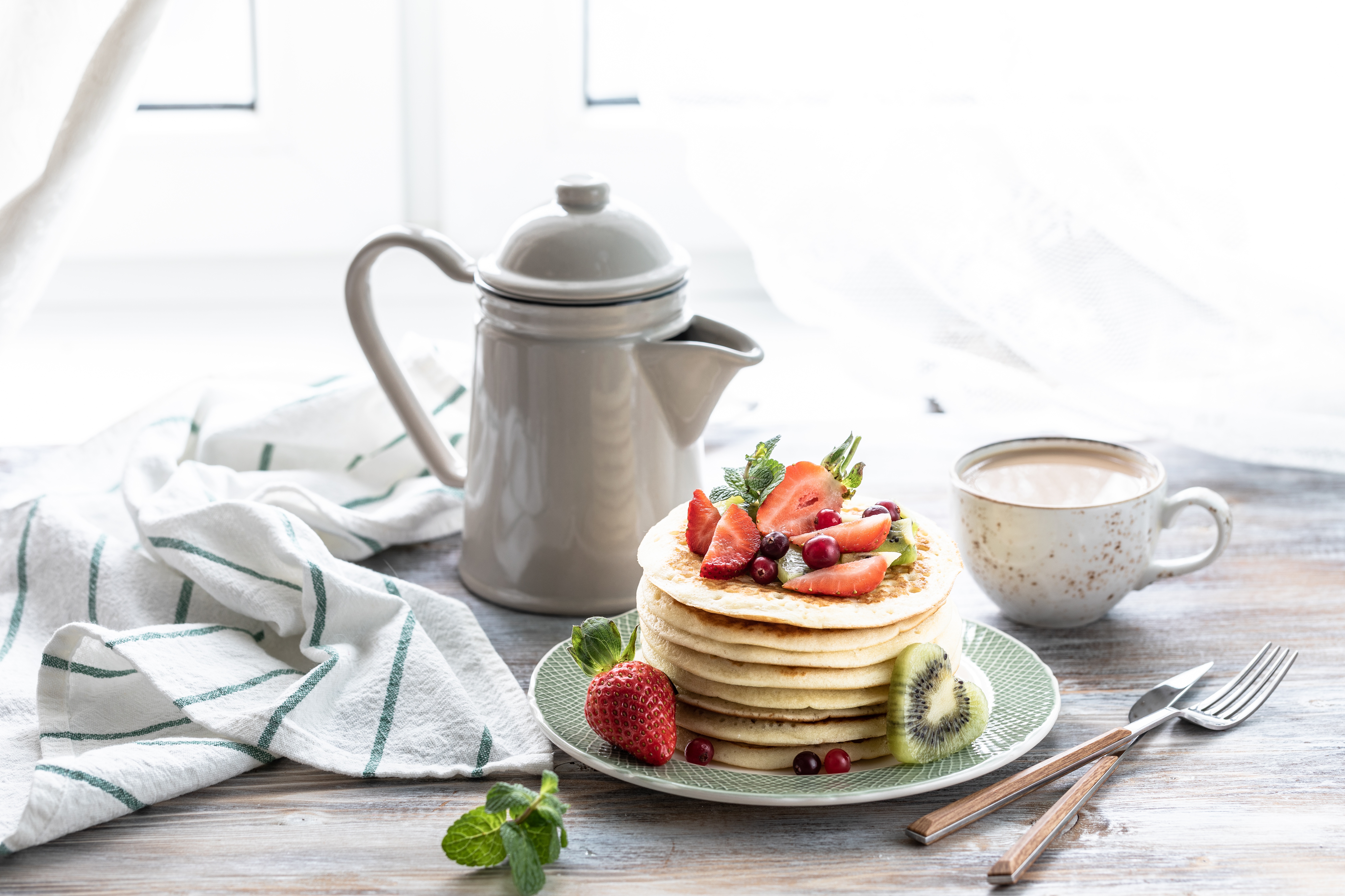 Download mobile wallpaper Food, Strawberry, Still Life, Berry, Breakfast, Pancake for free.