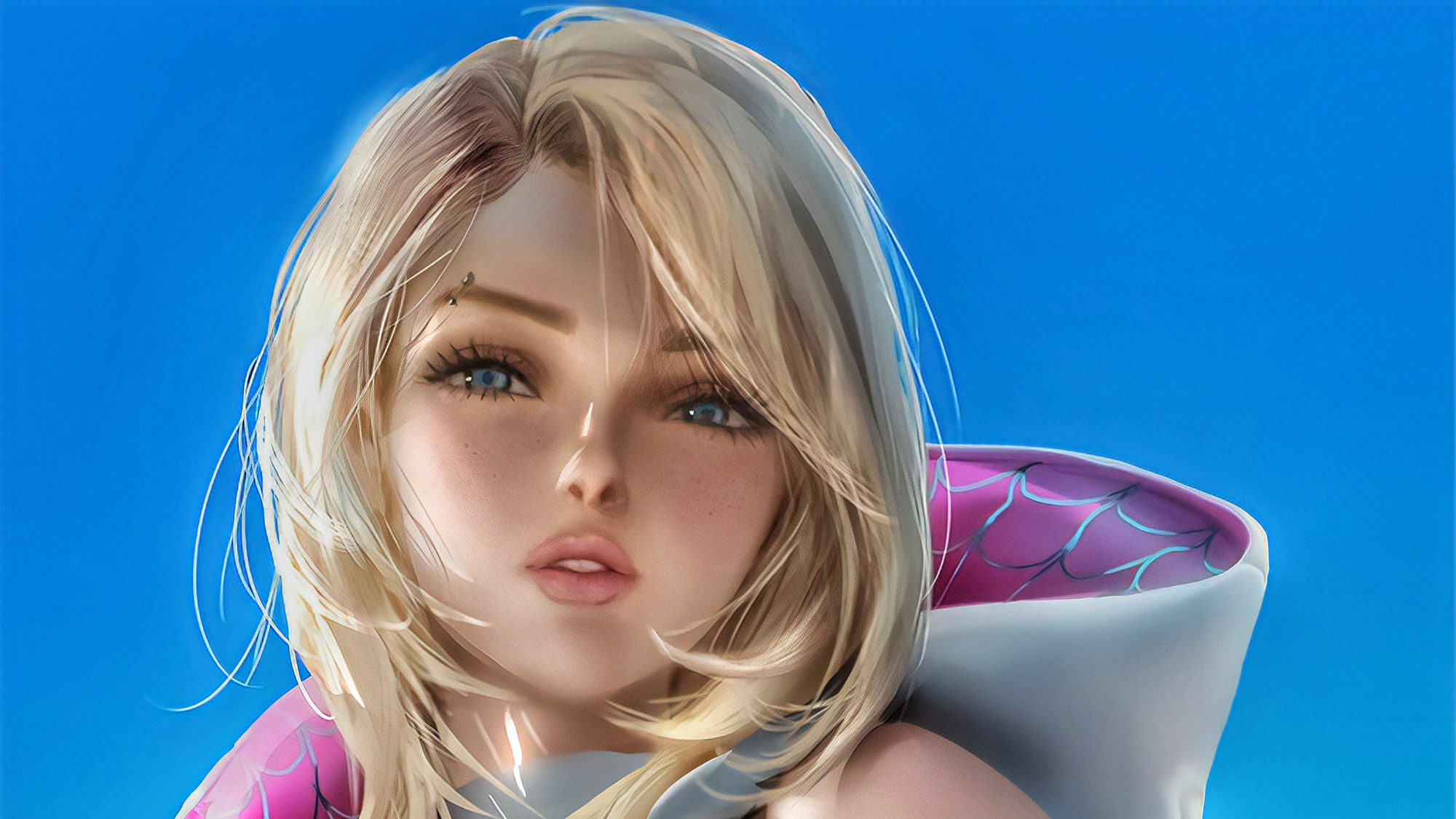 Laden Sie das Gesicht, Blaue Augen, Blondinen, Comics, Gwen Stacy-Bild kostenlos auf Ihren PC-Desktop herunter
