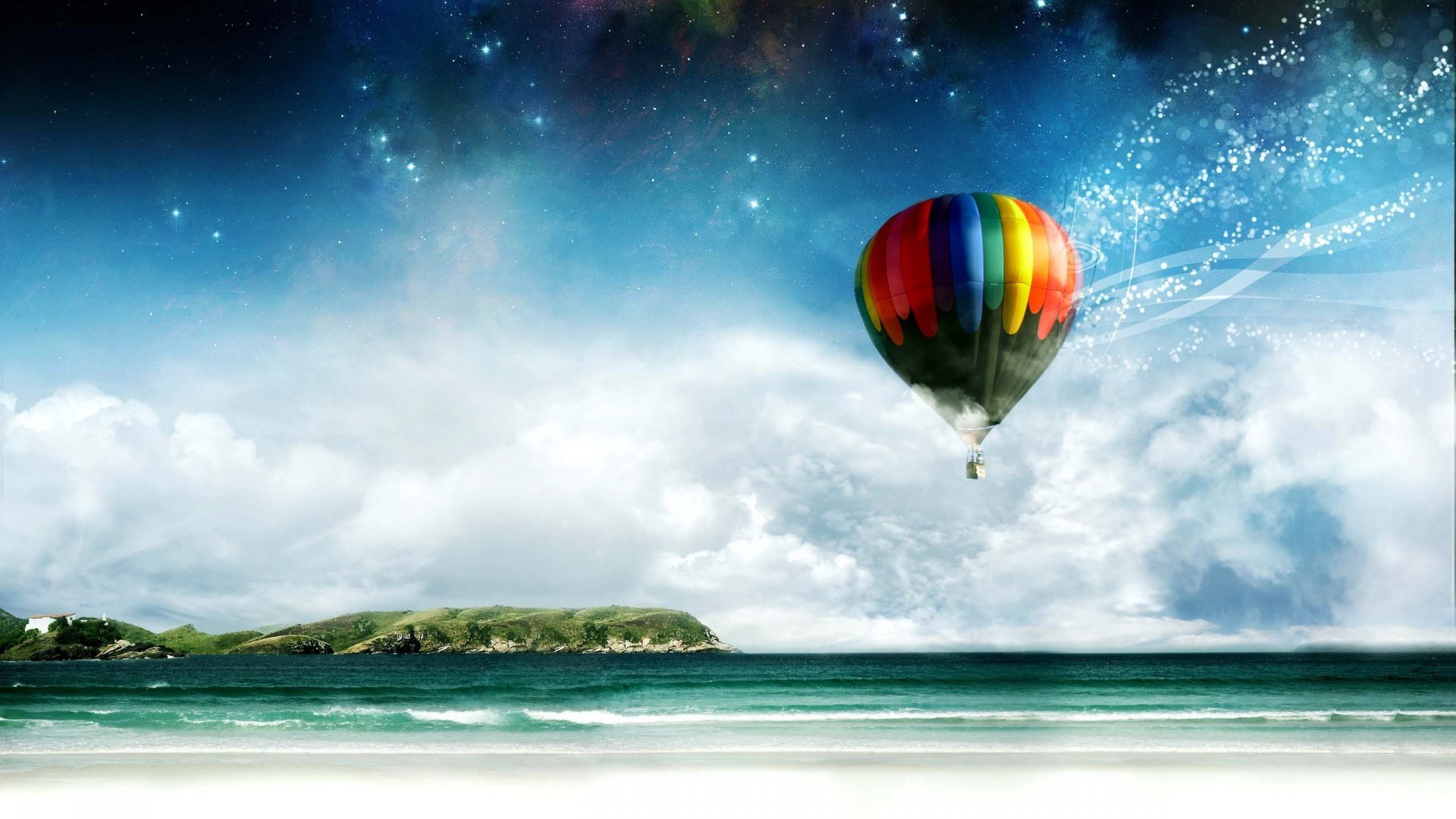 Download mobile wallpaper Beach, Ocean, Vehicles, Sparkles, Hot Air Balloon for free.