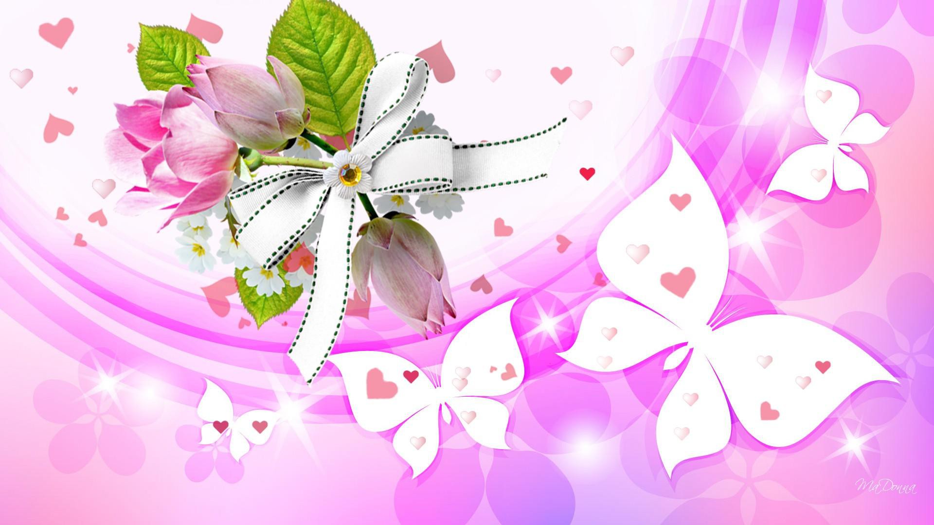 Download mobile wallpaper Pink, Flower, Butterfly, Heart, Artistic for free.