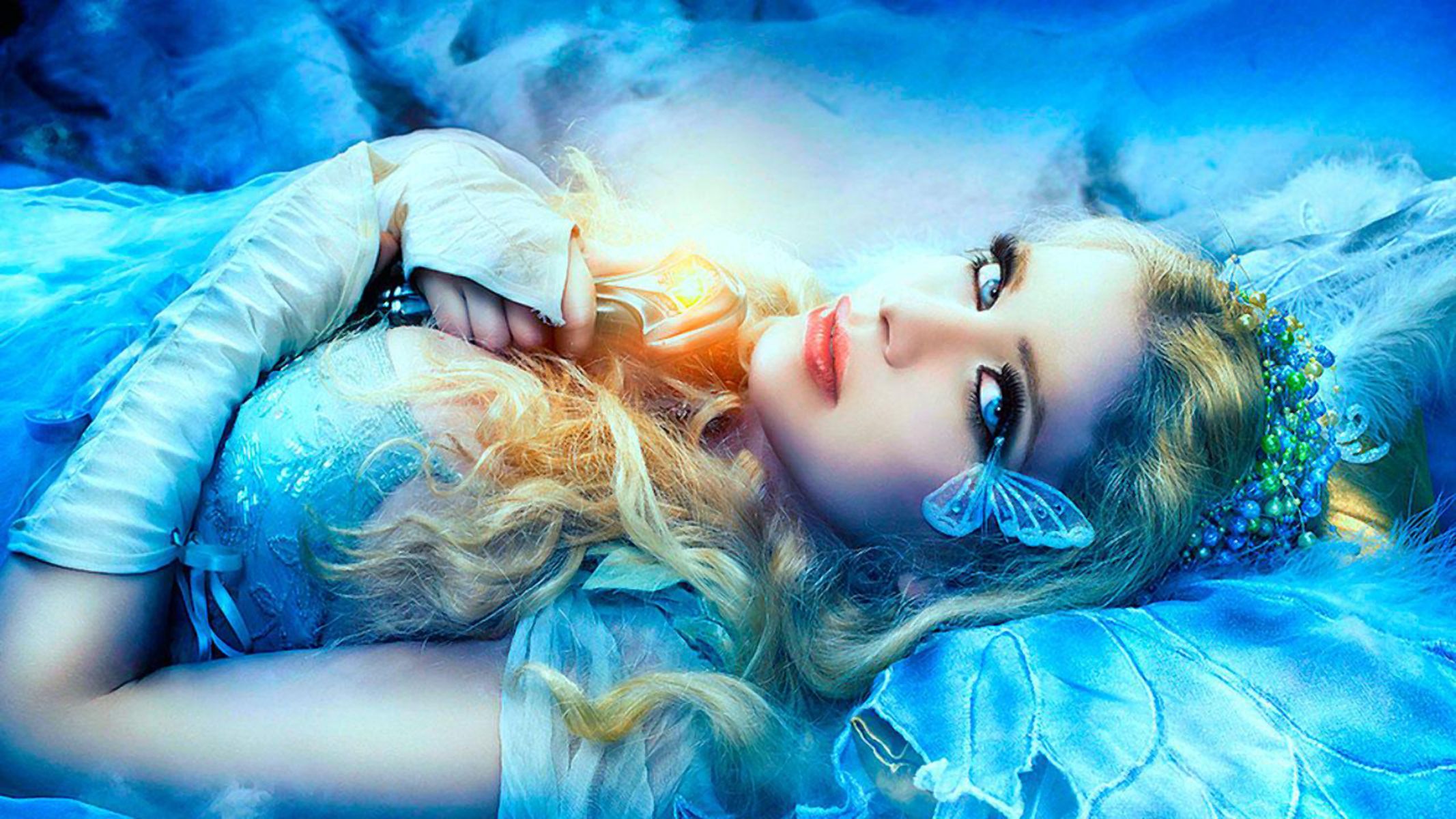 Free download wallpaper Fantasy, Flower, Butterfly, Blonde, Fairy, Women, Blue Eyes on your PC desktop