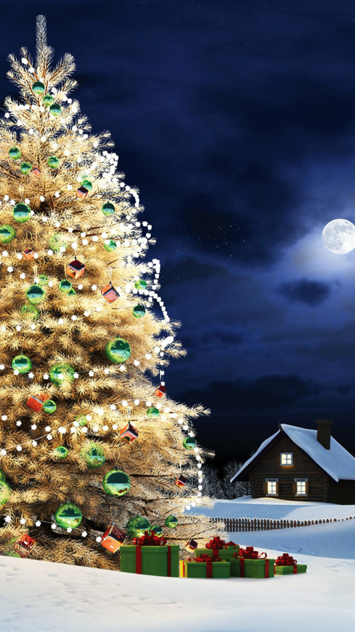 Download mobile wallpaper Winter, Night, Moon, Snow, Light, Christmas, Holiday, House, Christmas Tree for free.