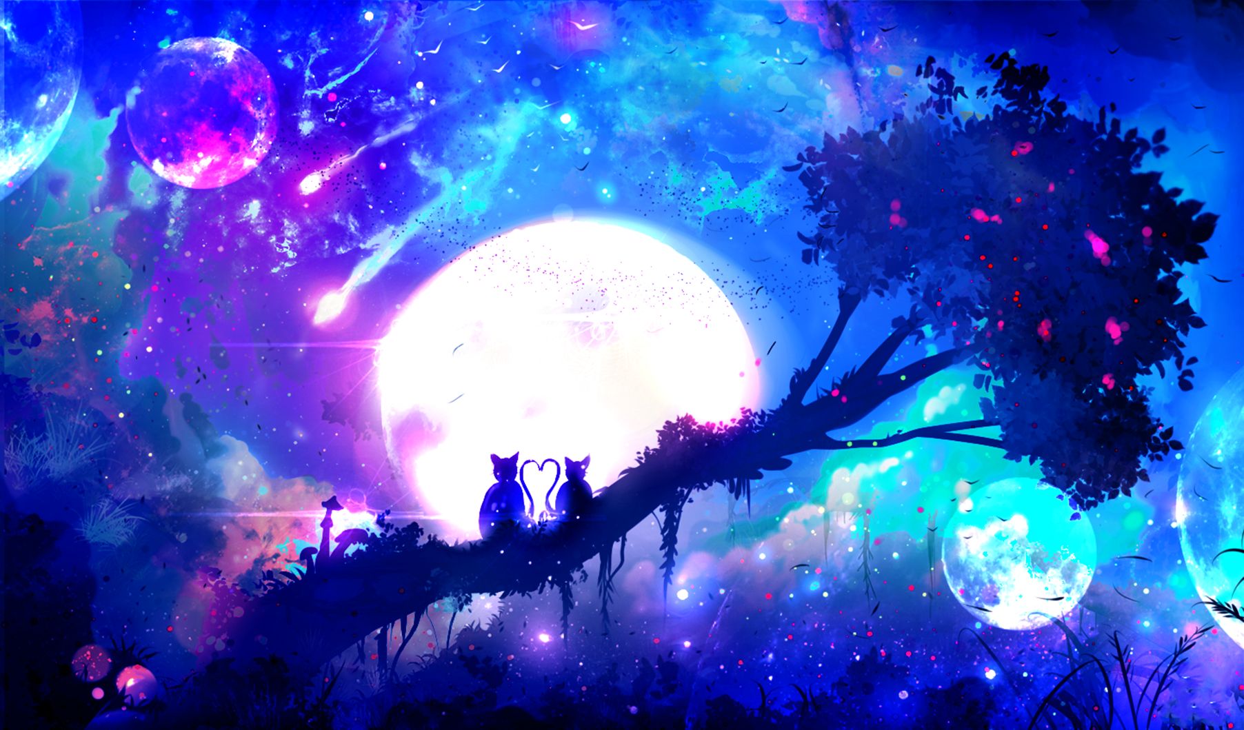 Laden Sie das Fantasie, Mond, Paar, Baum, Planet, Nacht, Original, Animes-Bild kostenlos auf Ihren PC-Desktop herunter