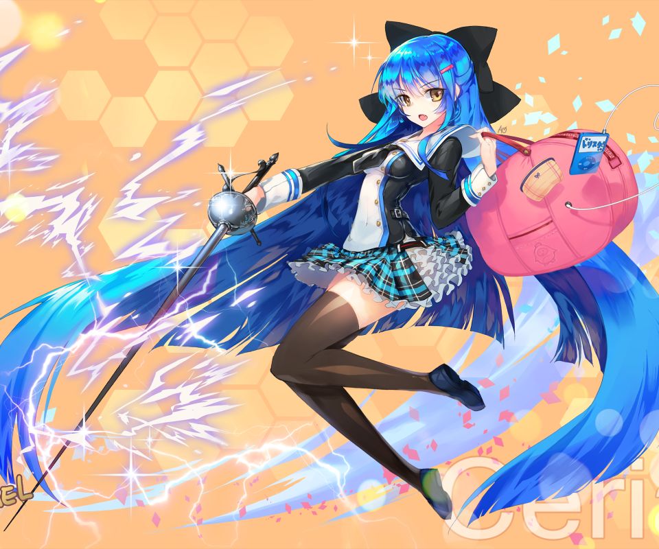 video game, trickster, skirt, bag, weapon, thigh highs, yellow eyes, sword, long hair, bow (clothing), blue hair, trikster