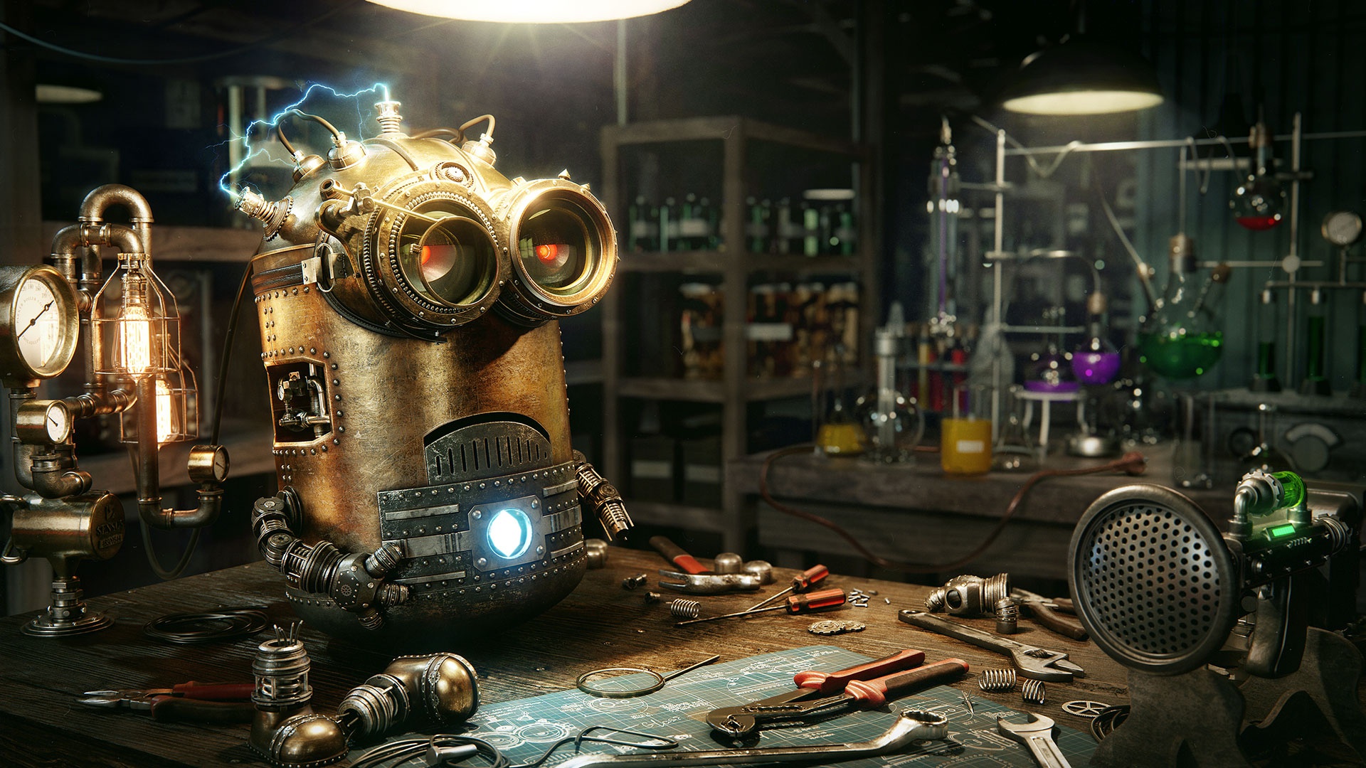 Download mobile wallpaper Robot, Steampunk, Movie, Minions for free.