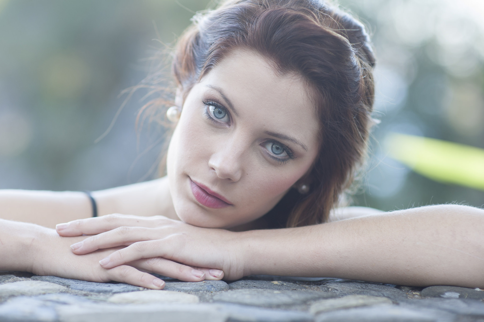 Download mobile wallpaper Bokeh, Face, Brunette, Model, Women, Blue Eyes for free.