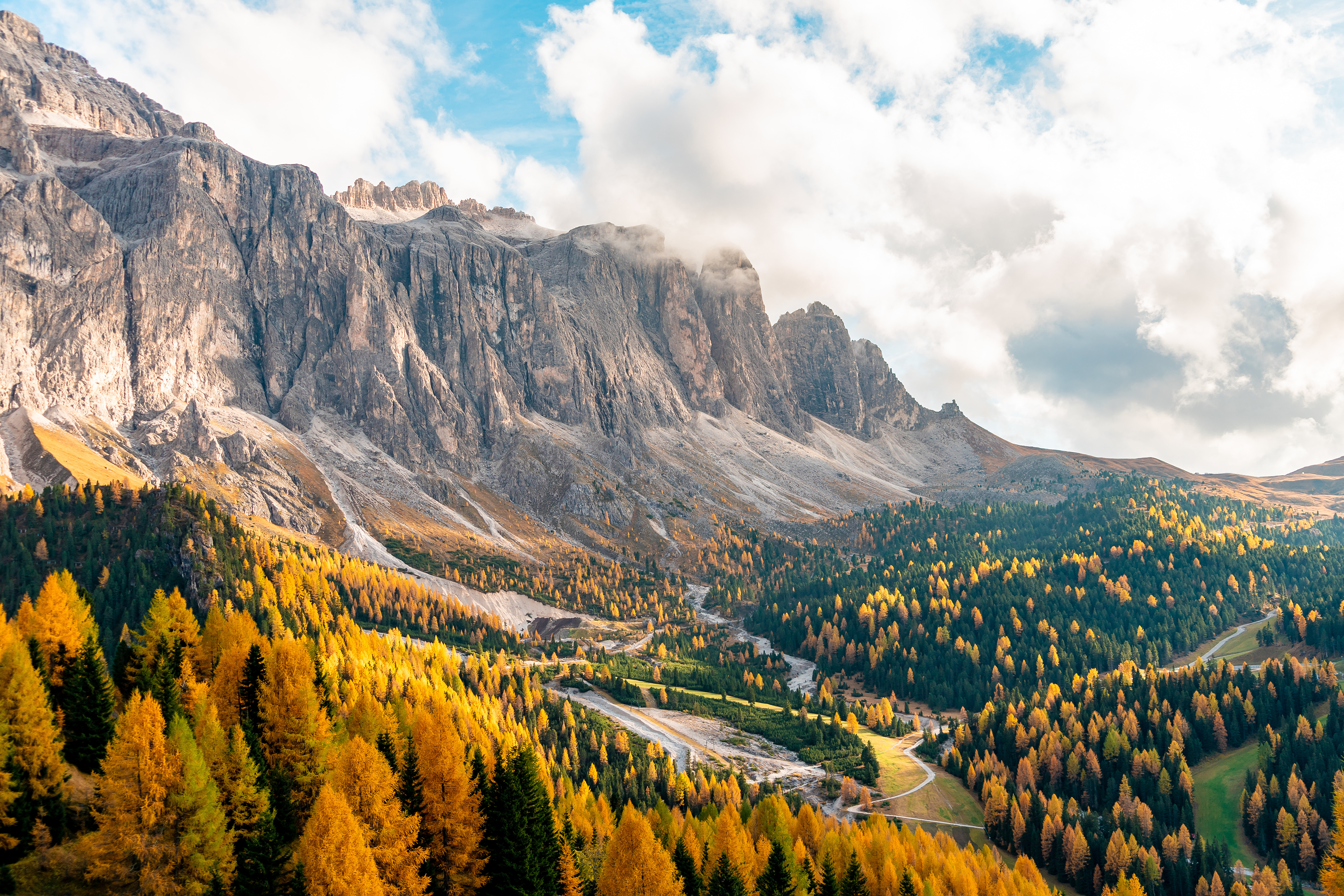 Free download wallpaper Landscape, Nature, Italy, Mountain, Forest, Fall, Earth, Cliff on your PC desktop