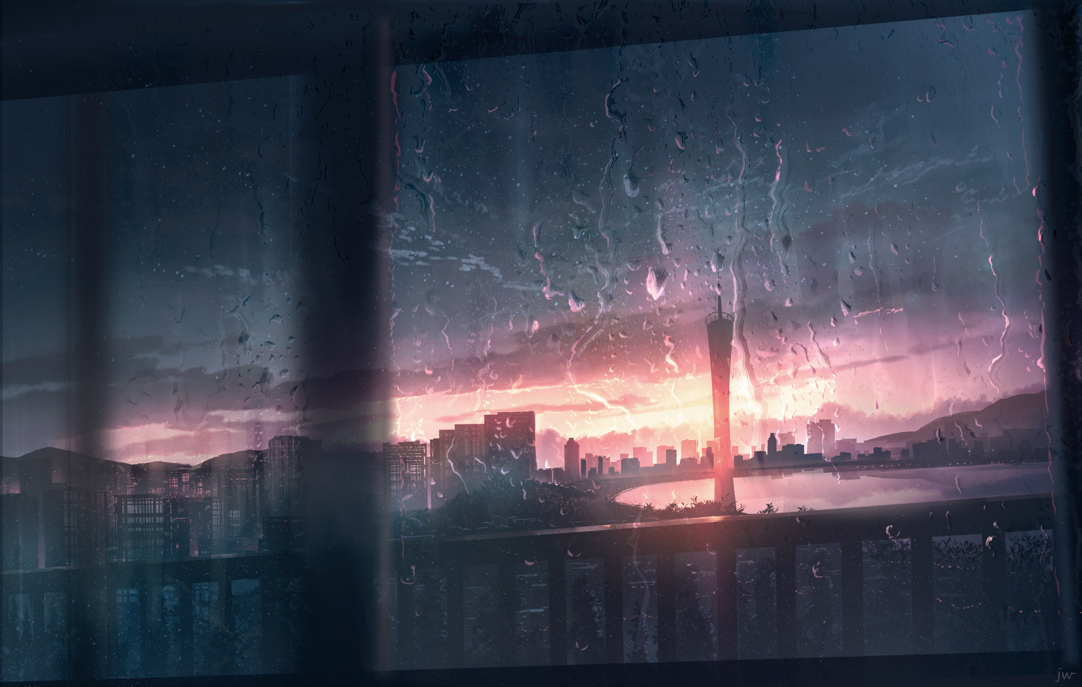 Download mobile wallpaper Anime, Sunset, Rain, City for free.