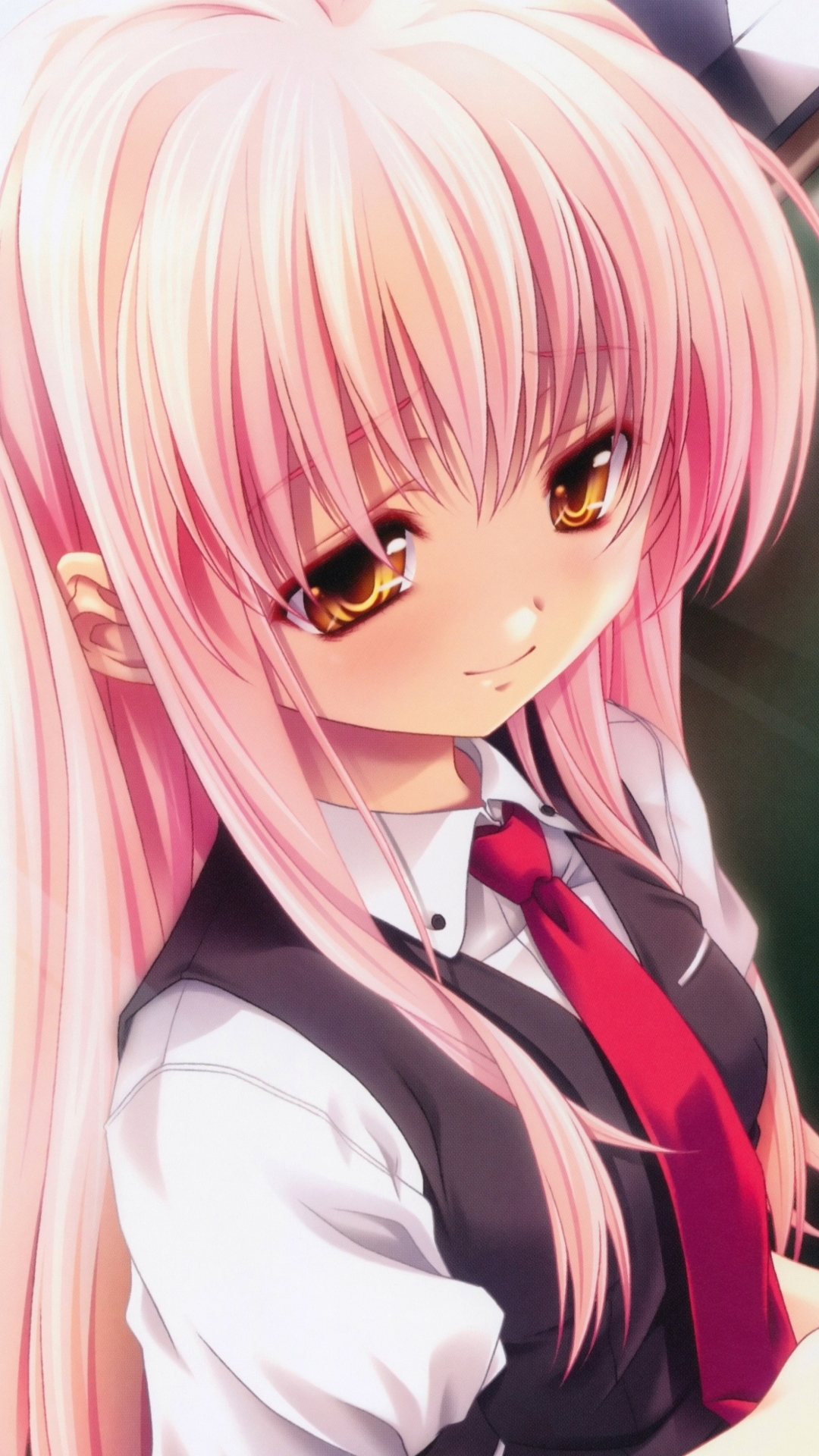 Download mobile wallpaper Anime, Smile, Bag, Yellow Eyes, Tie, Original, Pink Hair, Long Hair, Phone for free.