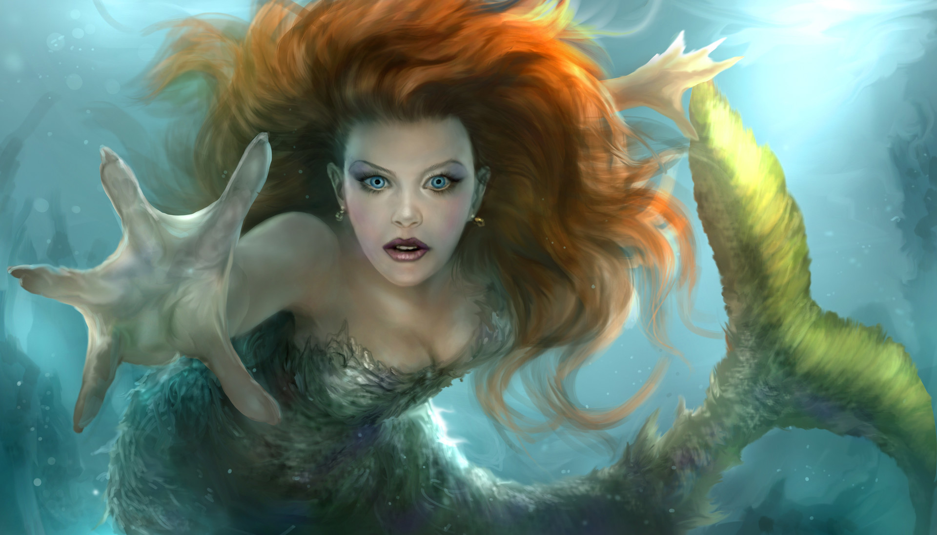 Laden Sie das Fantasie, Unterwasser, Blaue Augen, Meerjungfrau, Rote Haare-Bild kostenlos auf Ihren PC-Desktop herunter