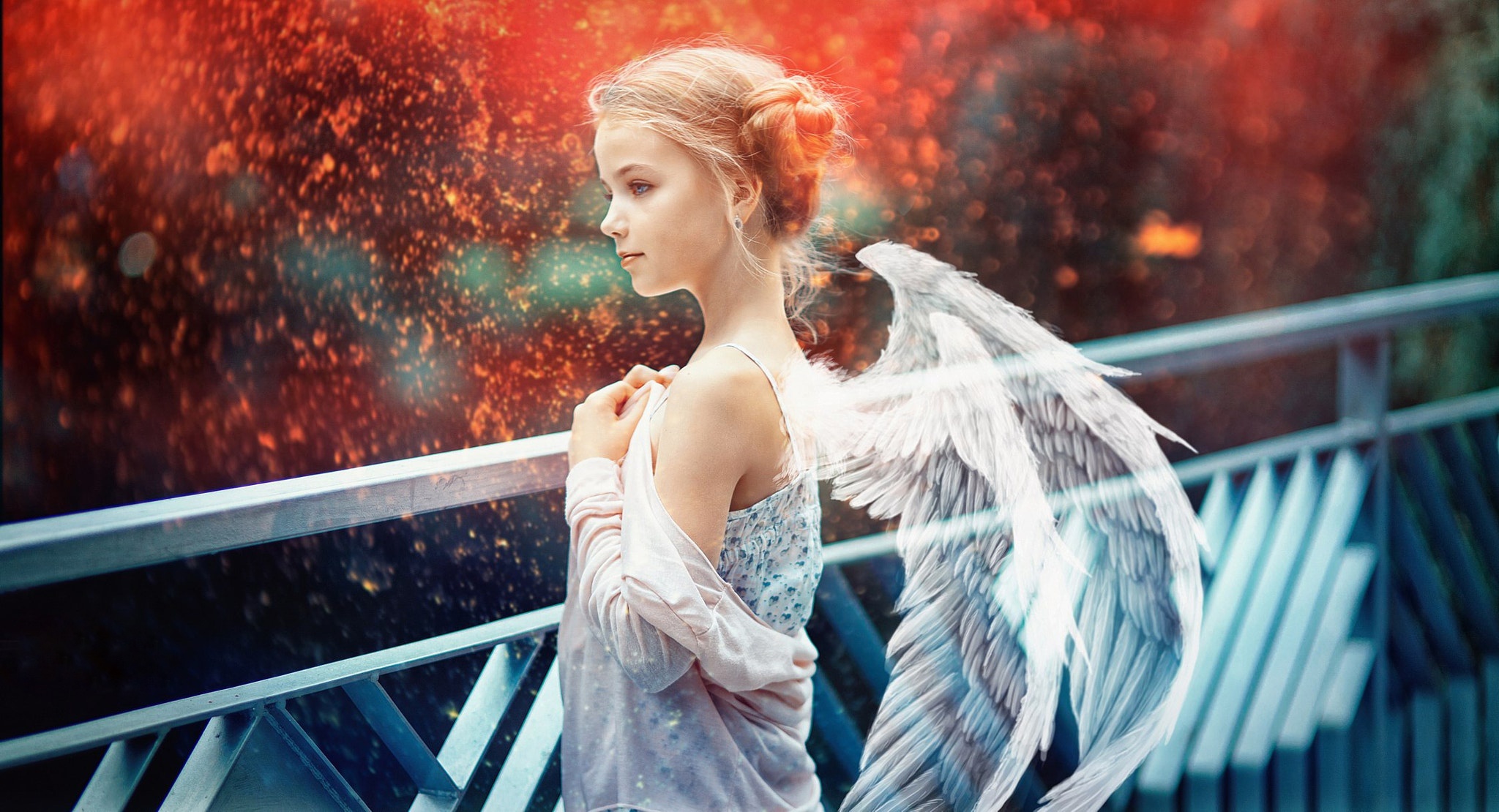Download mobile wallpaper Wings, Angel, Blonde, Photography, Blue Eyes, Manipulation, Little Girl, Depth Of Field for free.