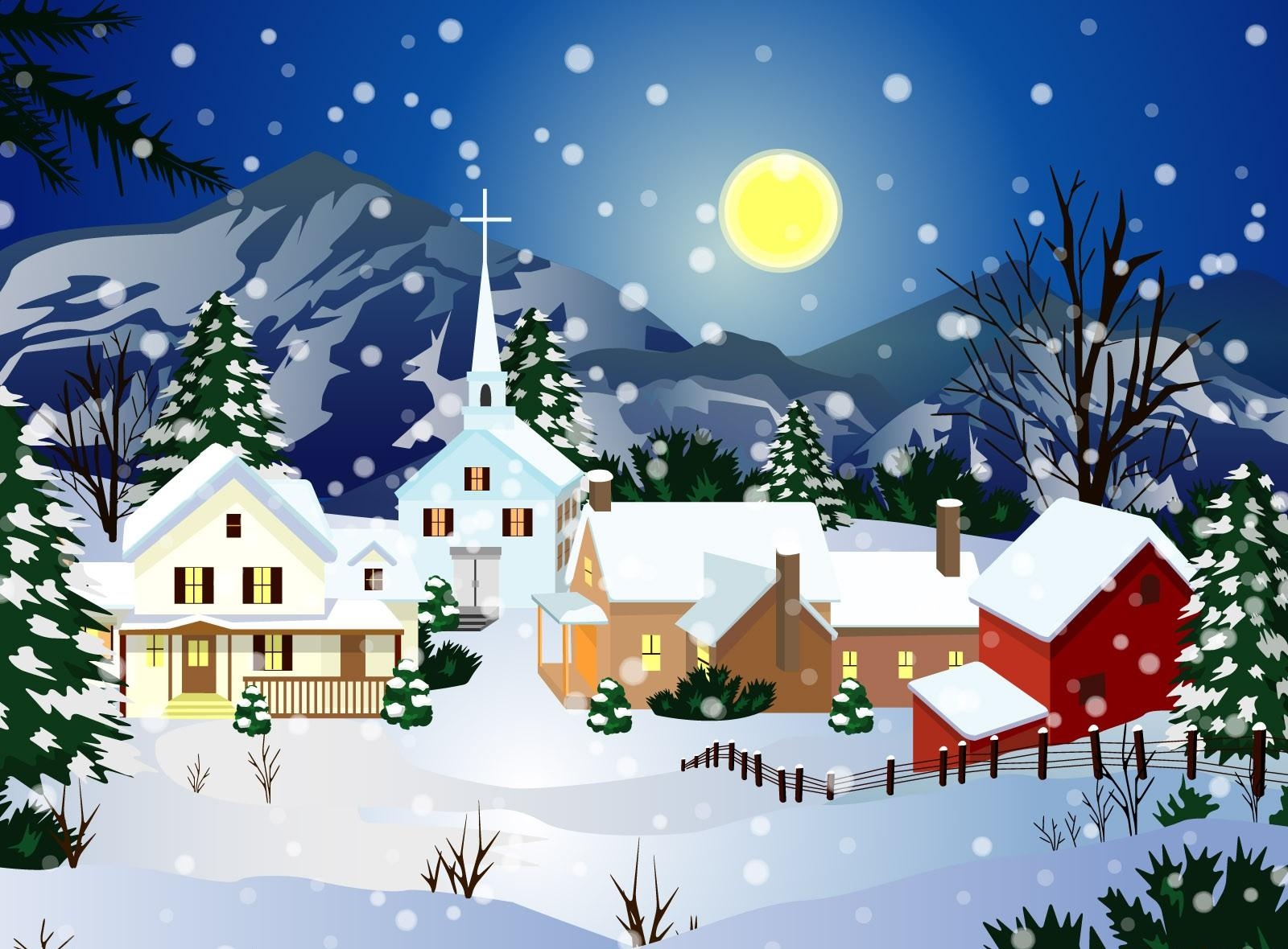 holidays, houses, winter, night, snow, full moon, church