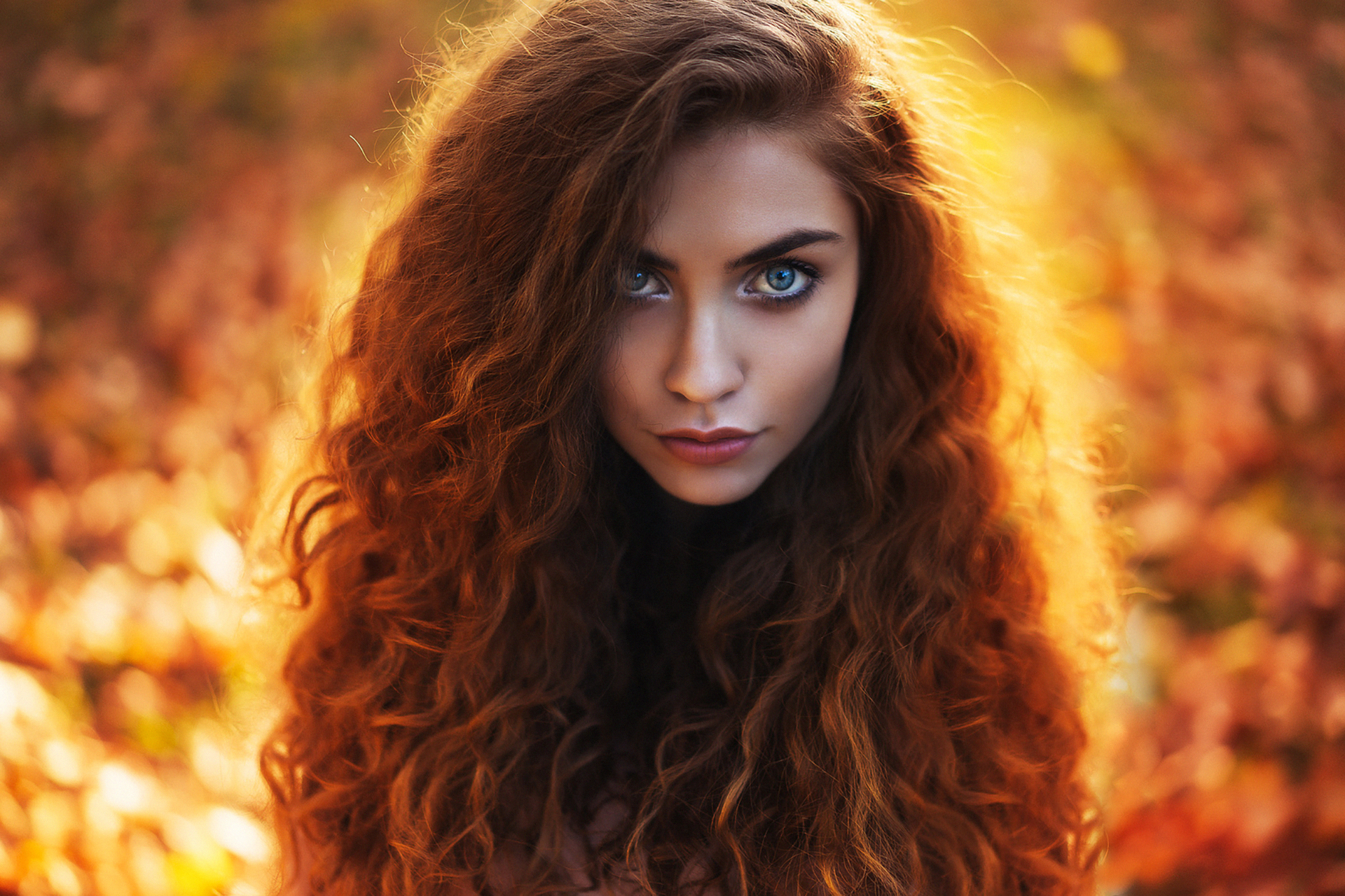 Download mobile wallpaper Redhead, Bokeh, Face, Model, Women, Blue Eyes, Long Hair for free.