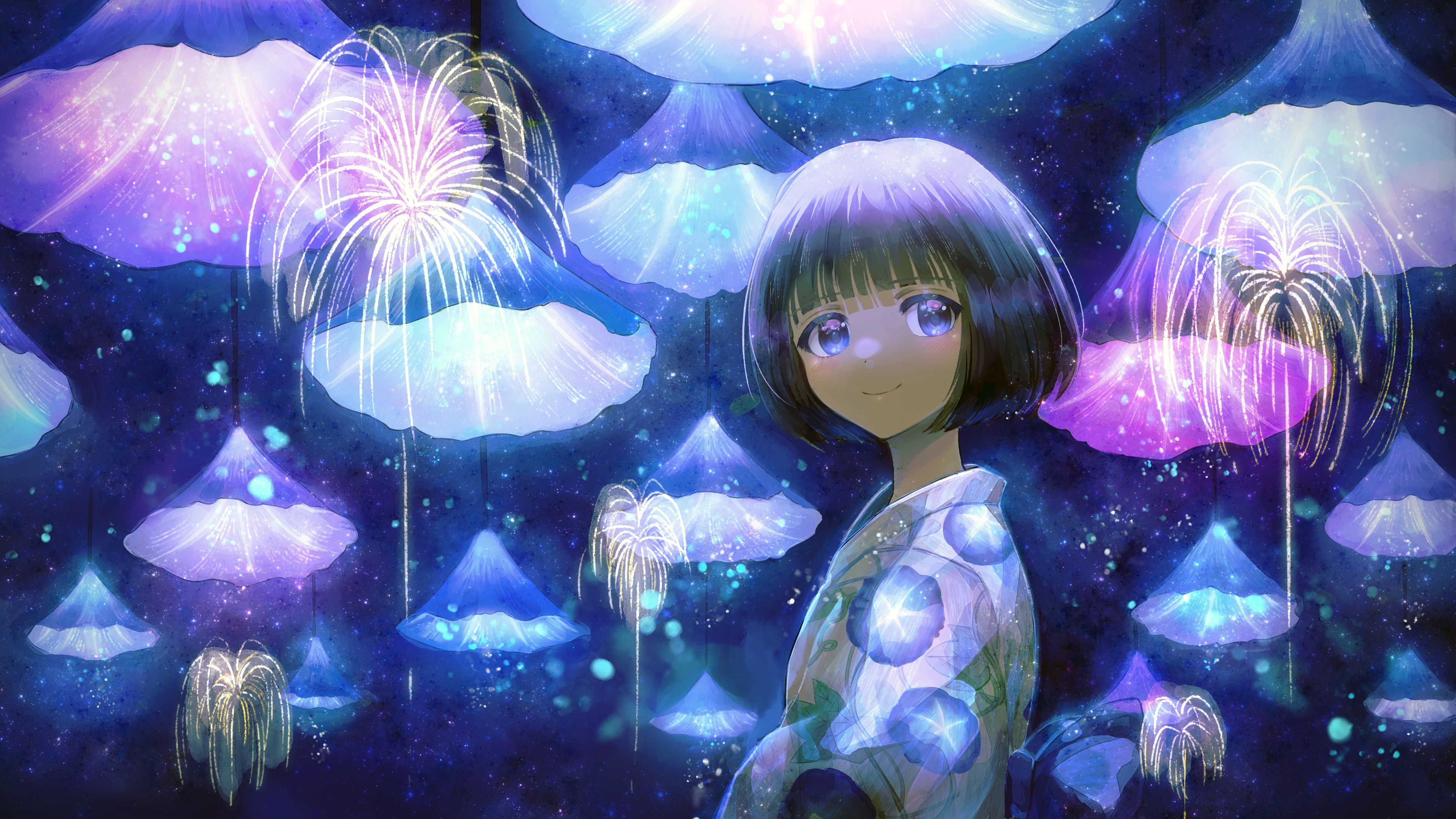 Download mobile wallpaper Anime, Girl, Fireworks, Blue Eyes, Short Hair for free.