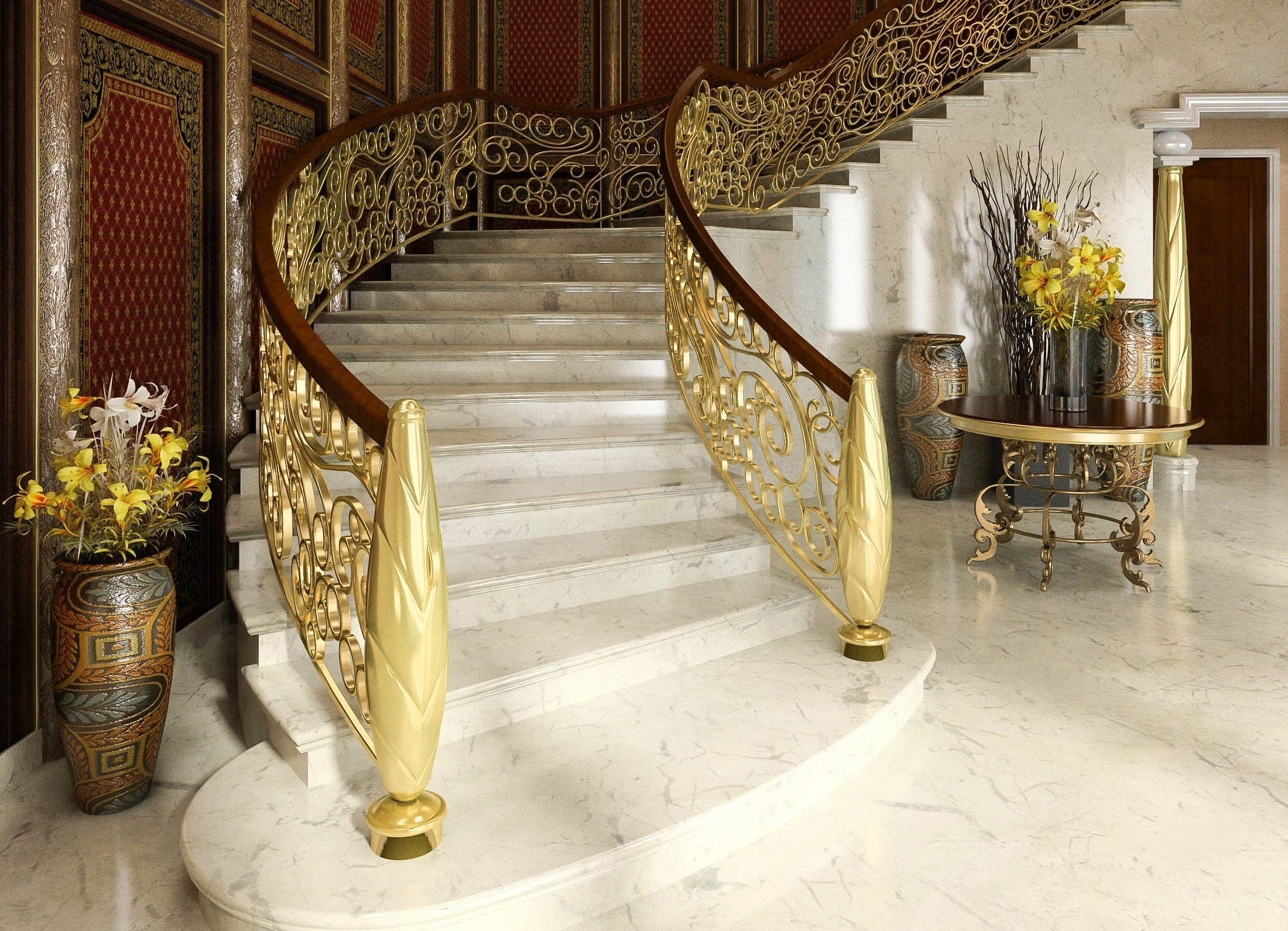 stairs, ladder, design, flowers, interior, miscellanea, miscellaneous, vase, door, handrails