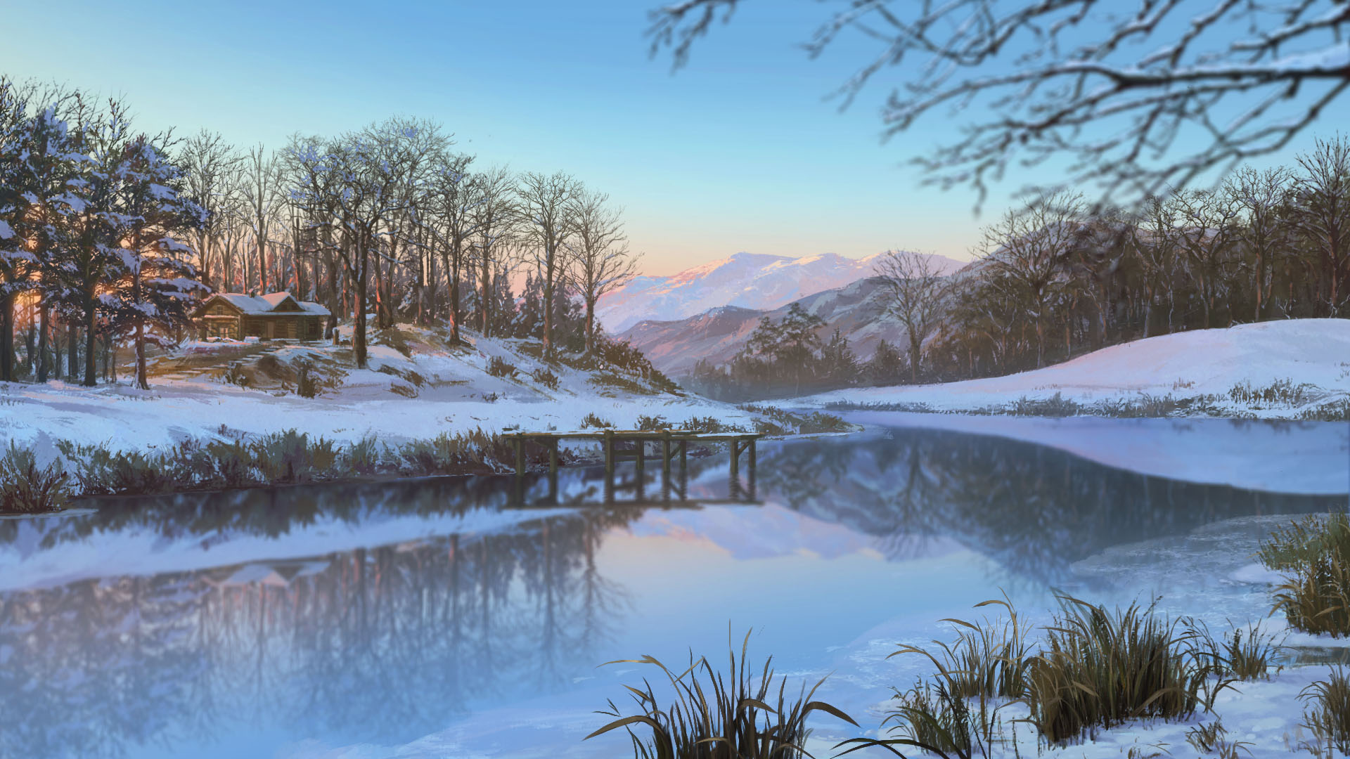 Free download wallpaper Anime, Winter, Snow, Mountain, Lake, House on your PC desktop