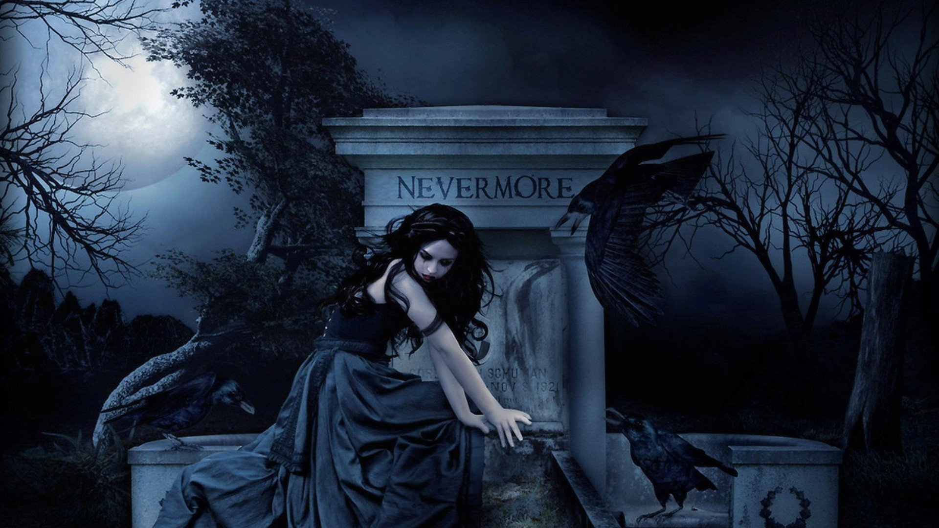 fantasy, dark, black hair, gothic, gravestone, moon, raven