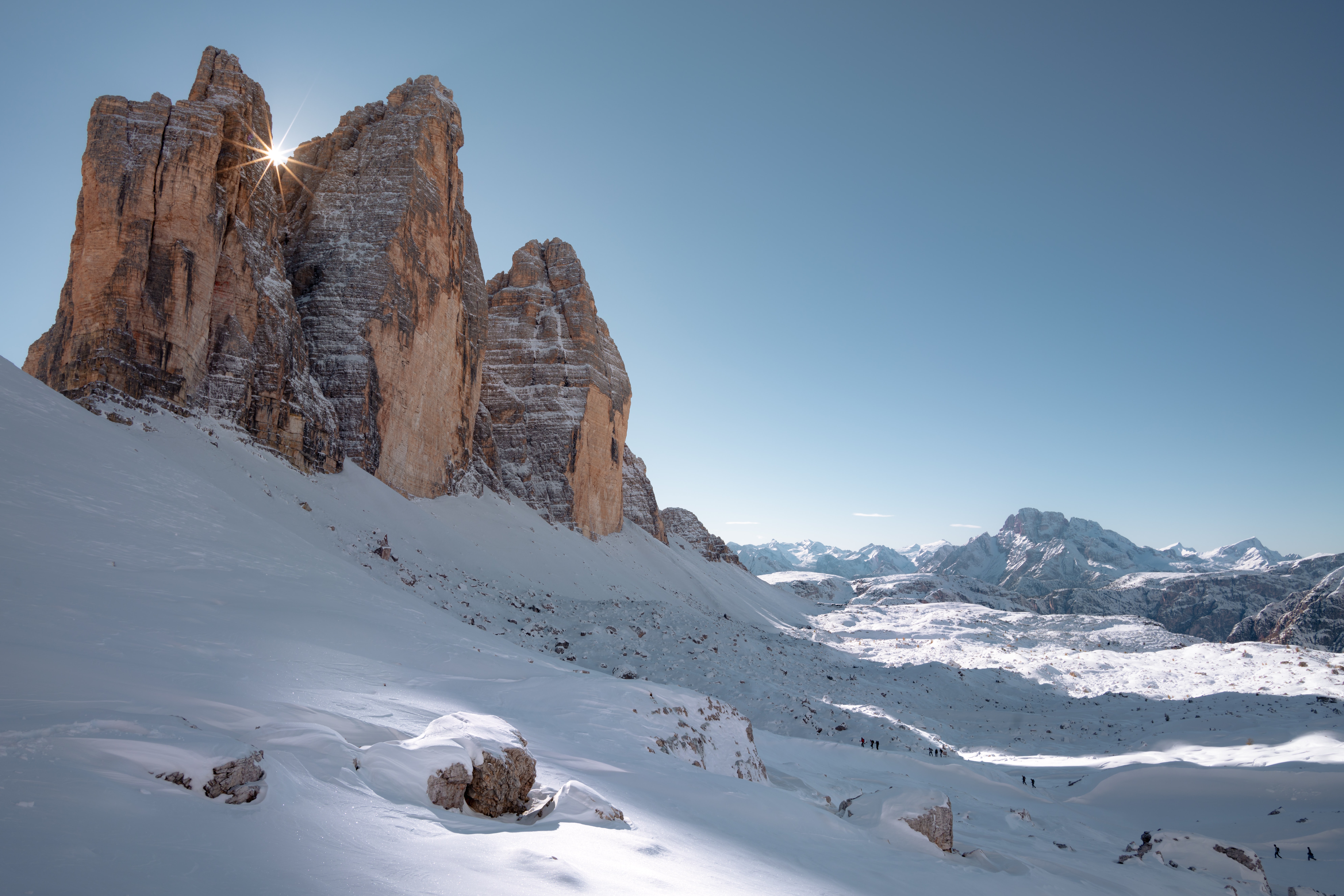 rocks, winter, nature, mountains, sun, snow Panoramic Wallpaper