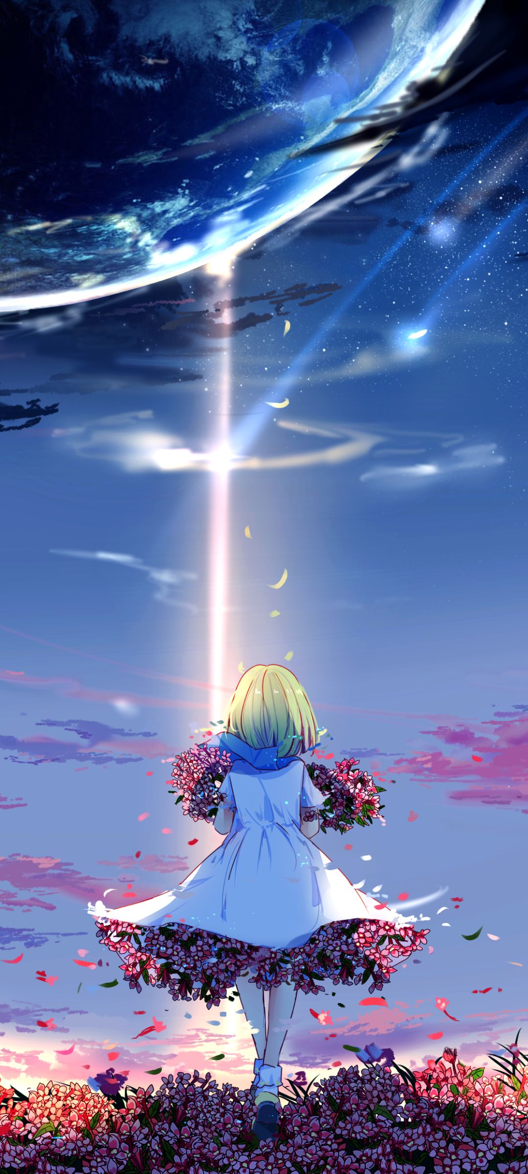 Download mobile wallpaper Anime, Sky, Flower, Dress, Original, Short Hair for free.